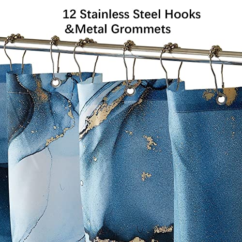 Yostev Blue Gold Marble Shower Curtain Set, Abstract Marbled Shower Curtains For Bathroom Décor With 12 Metal Hooks, Luxury Modern Waterproof Bath Accessories, 72 X 72 #TOP3