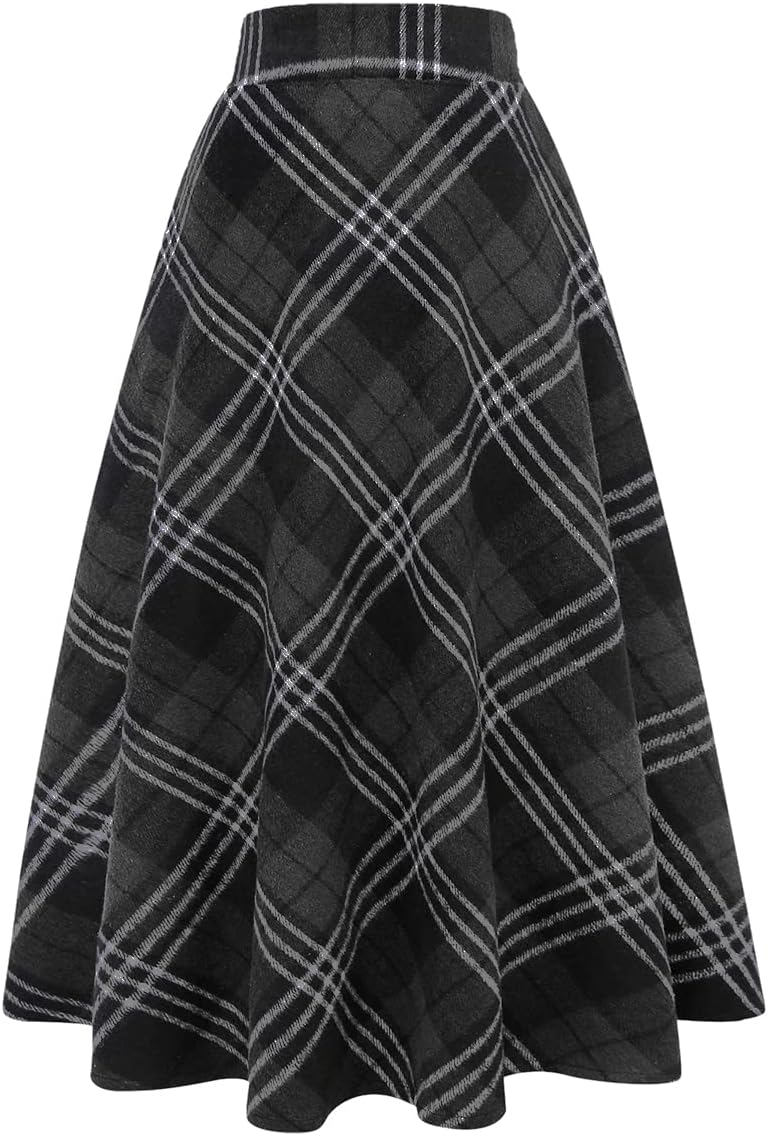 IDEALSANXUN Womens Plaid Wool Skirts Elastic Waist A-Line Pleated Tartan Long Skirts Small Long Dark Grey 711