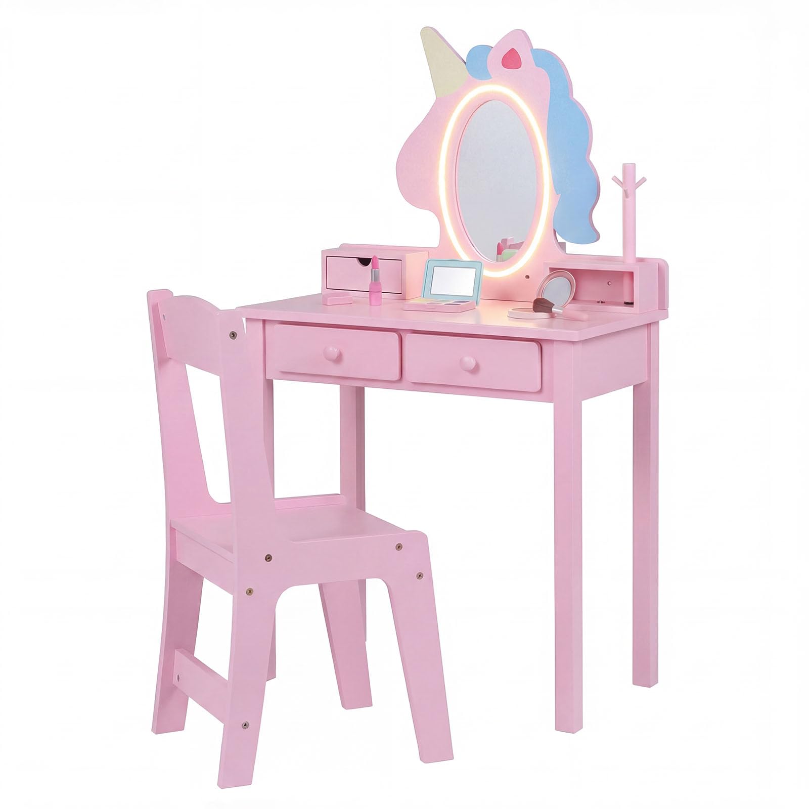 COSTWAY Toeletta Trucco per Bambini a Unicorno con Specchio Ovale, Rosa | Postazione Trucco in Legno con Tavolino con Cassetti, Mensole e Scaffale & Sgabello & Specchio Rimovibile per Cameretta
