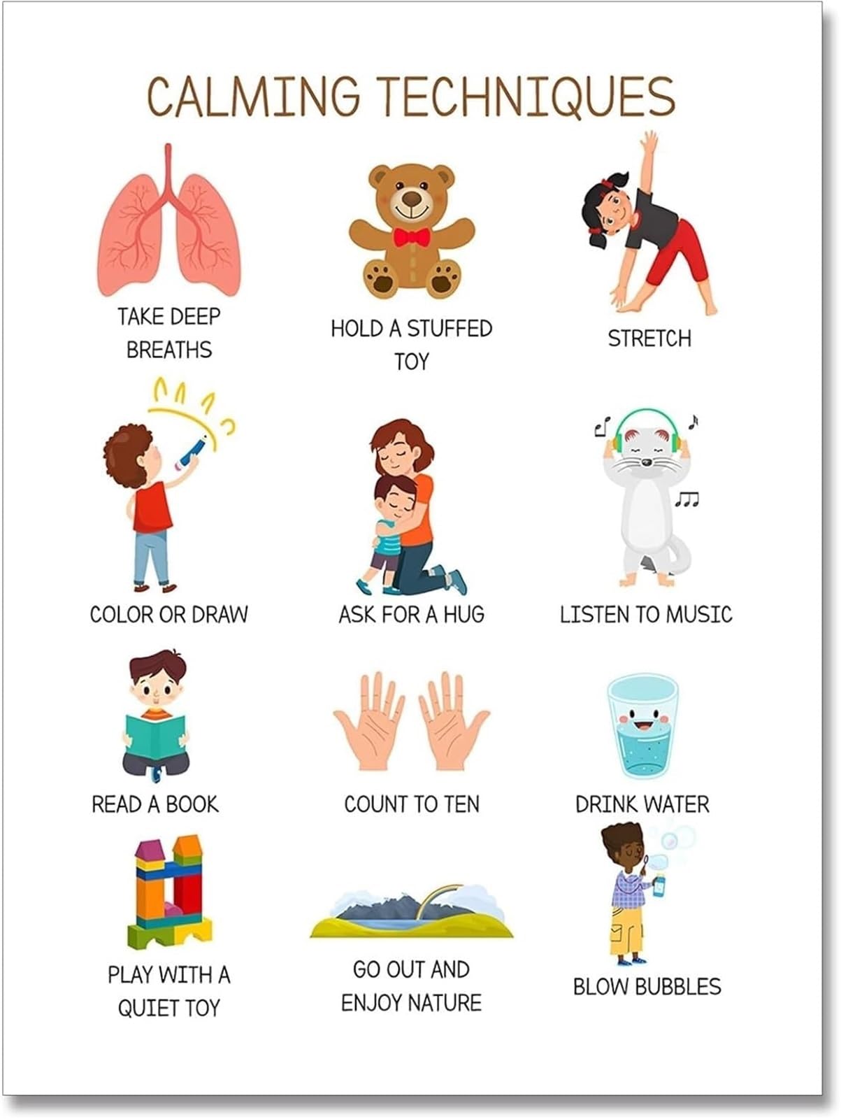VWWJCCRO Social Emotional Feelings Chart Calming Strategies Calm Down Corner Preschool Classroom Decor Poster(Unframed,16x24inch(40x60cm))