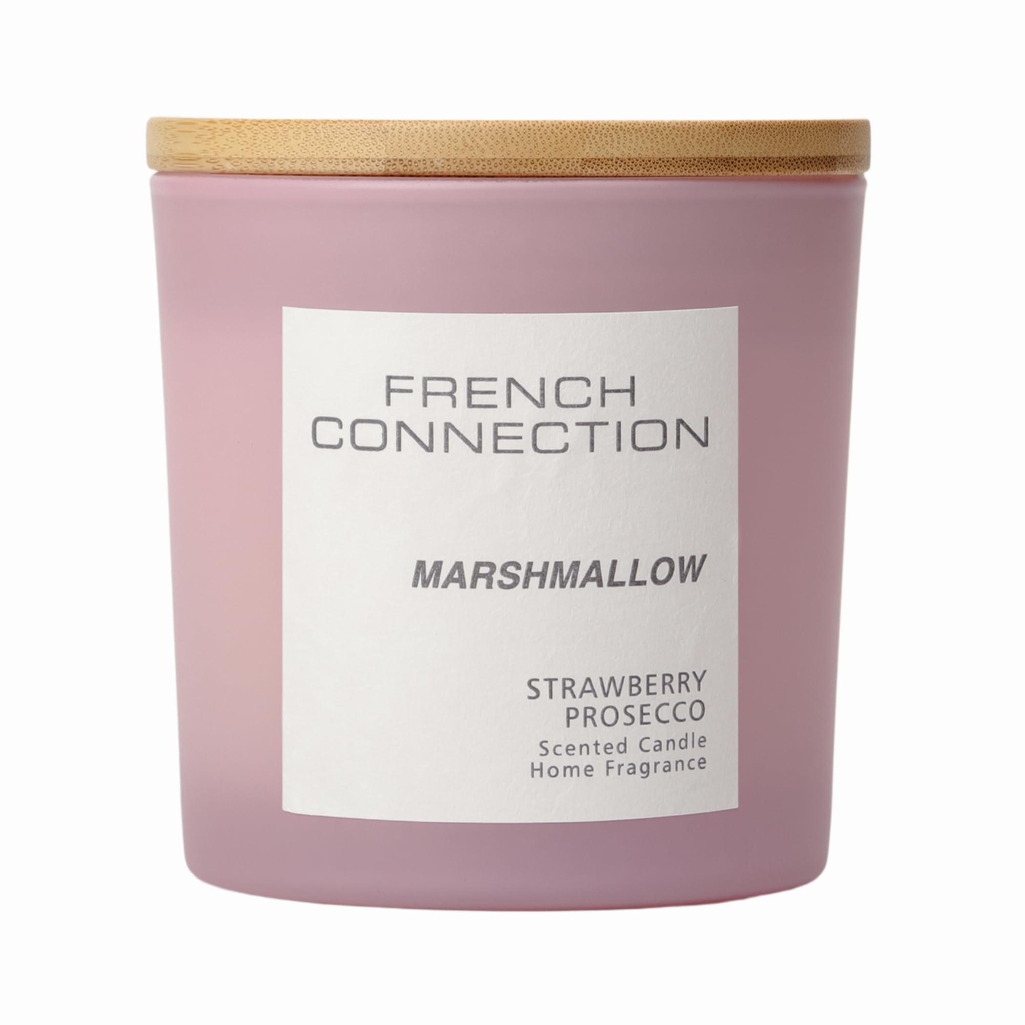 French Connection Pastel Range Scented Container Candle | Shea Butter Wax | Frosted Glass Jar Bamboo Lid | Round Shape | (Large, Marshmallow), Pink