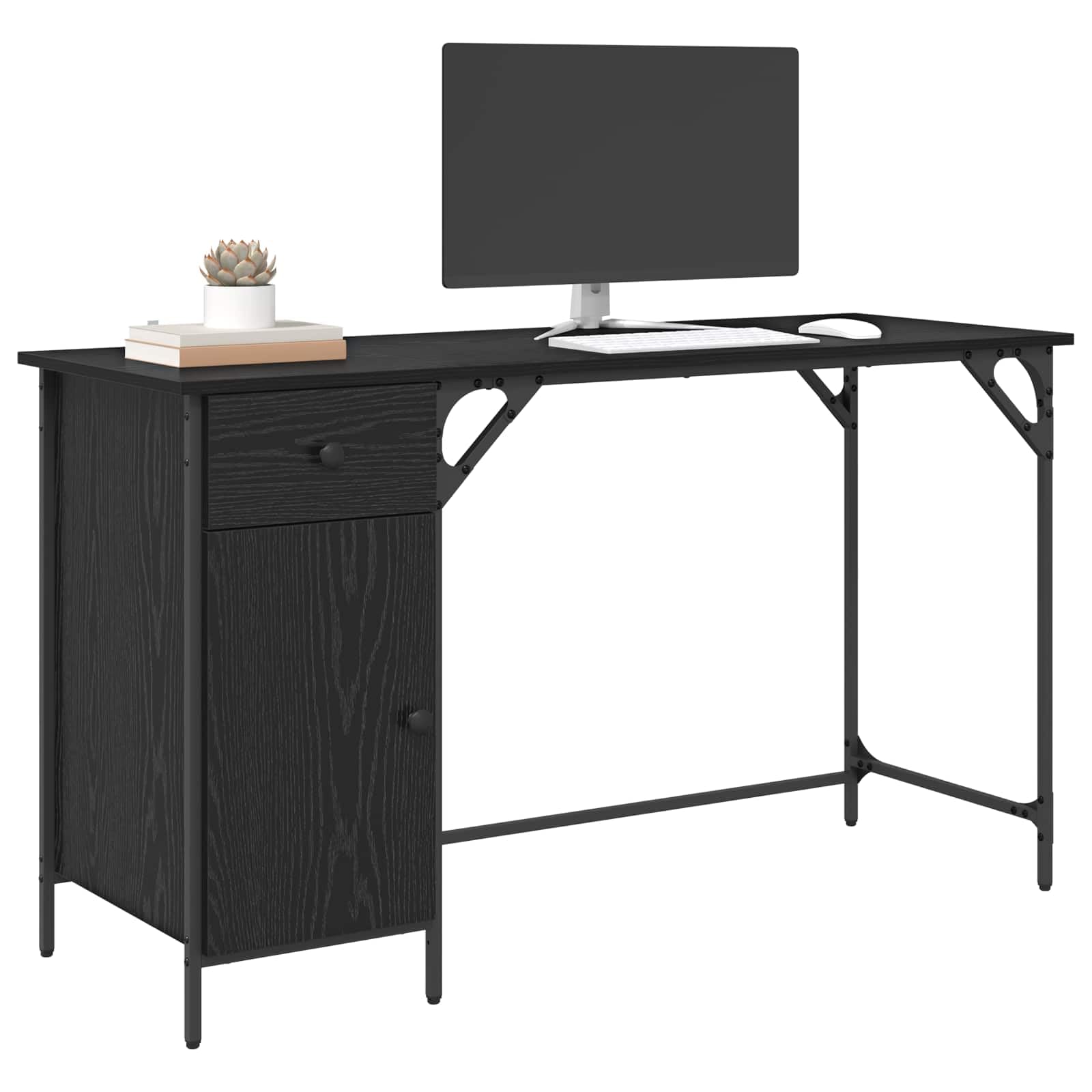 Scrivania per computer nera effetto rovere, in legno, 131 x 48 x 75 cm, con cassetto e molto spazio, per casa, ufficio, studio e postazione di lavoro per giochi