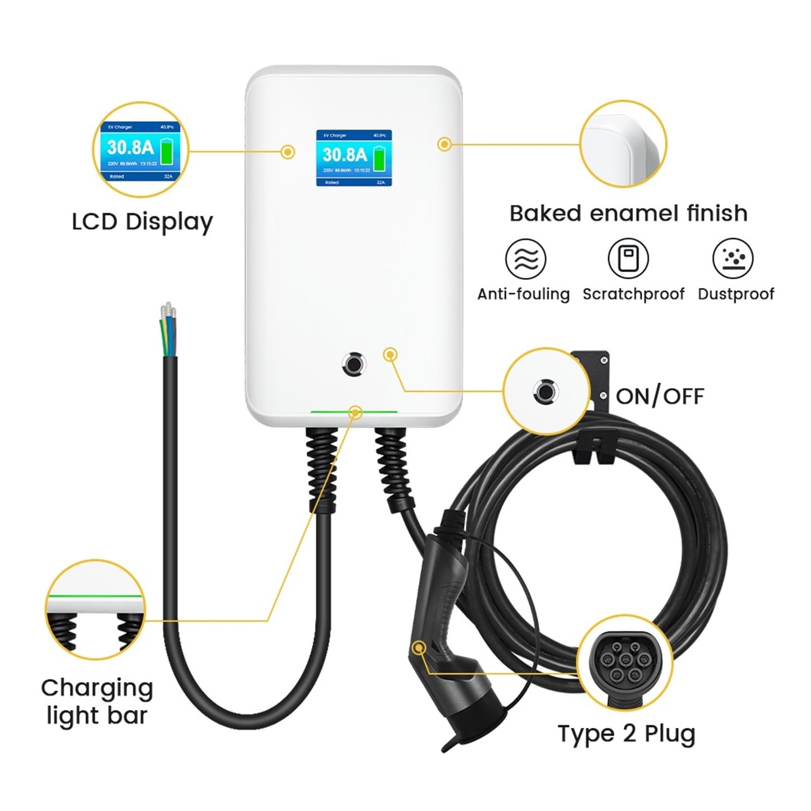 Cargador De Coche EV 32A EVSE Caja Pared Estación Terminal Carga Eléctrico 7kw Tipo 2 Cable Monofásico 6M Recarga Segura(7KW Cable App)
