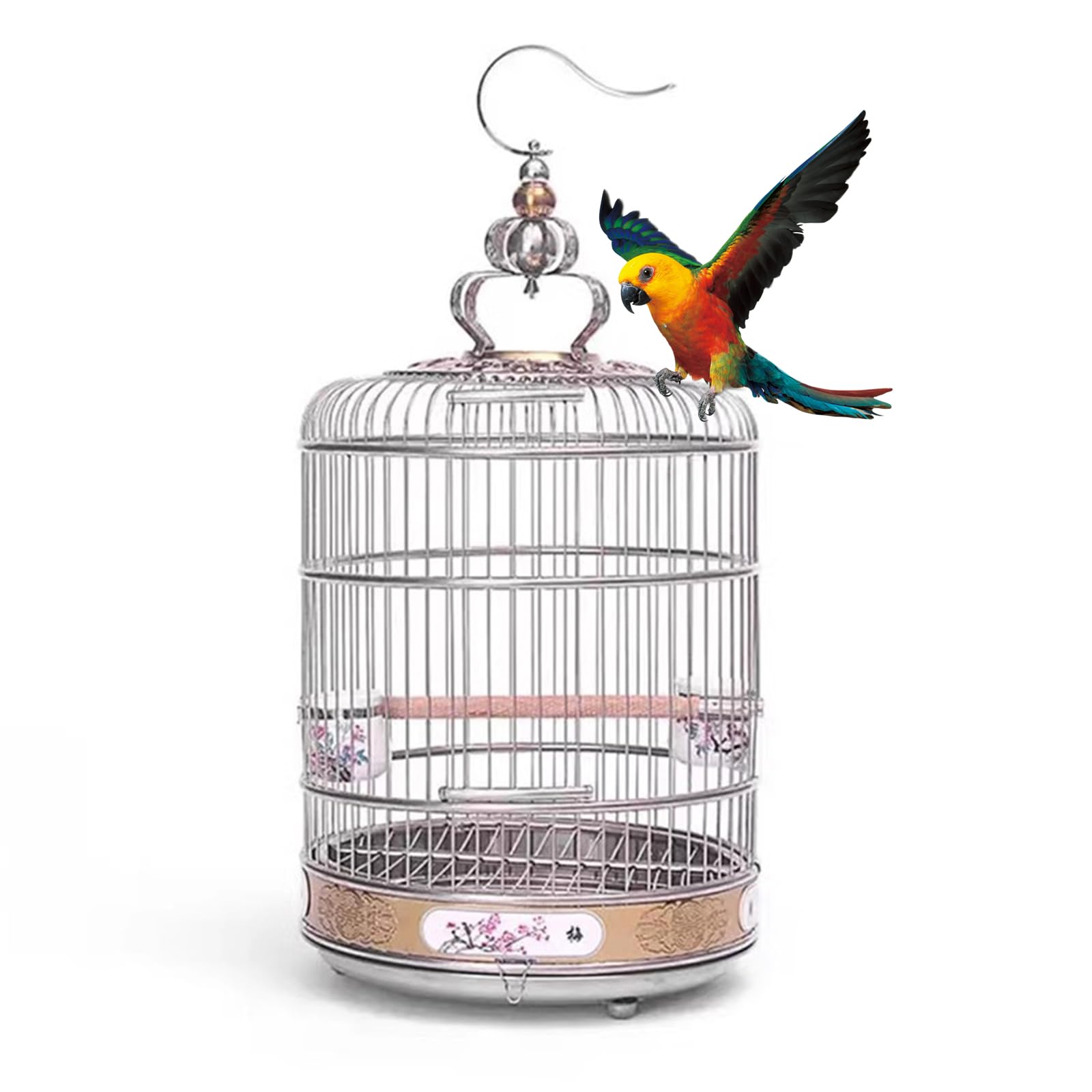 SHENJIA Portable Hanging Bird Cage, Stainless Steel Travel Cage for Canaries, Parakeets & Small Birds with Wooden Pole & Ceramic Cup, for Pet Starlings