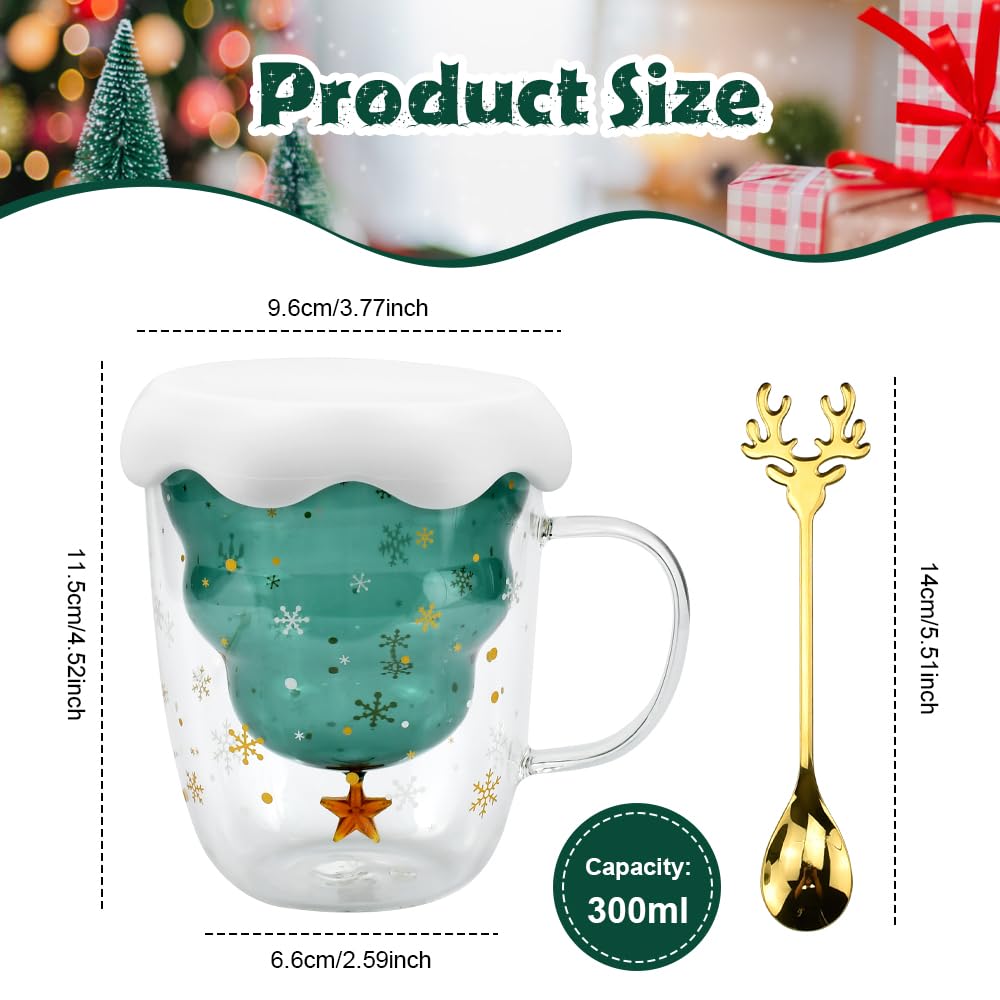 ADERTOS Tazza Natalizia a Doppio Strato Mug Natalizie a Vetro da 300ml Tazze Caffe Natalizie Tazze da Latte Natalizie con Coperchio a Fiocco Nevee e Cucchiaio Tazza da Tè a Forma di albero di Natale