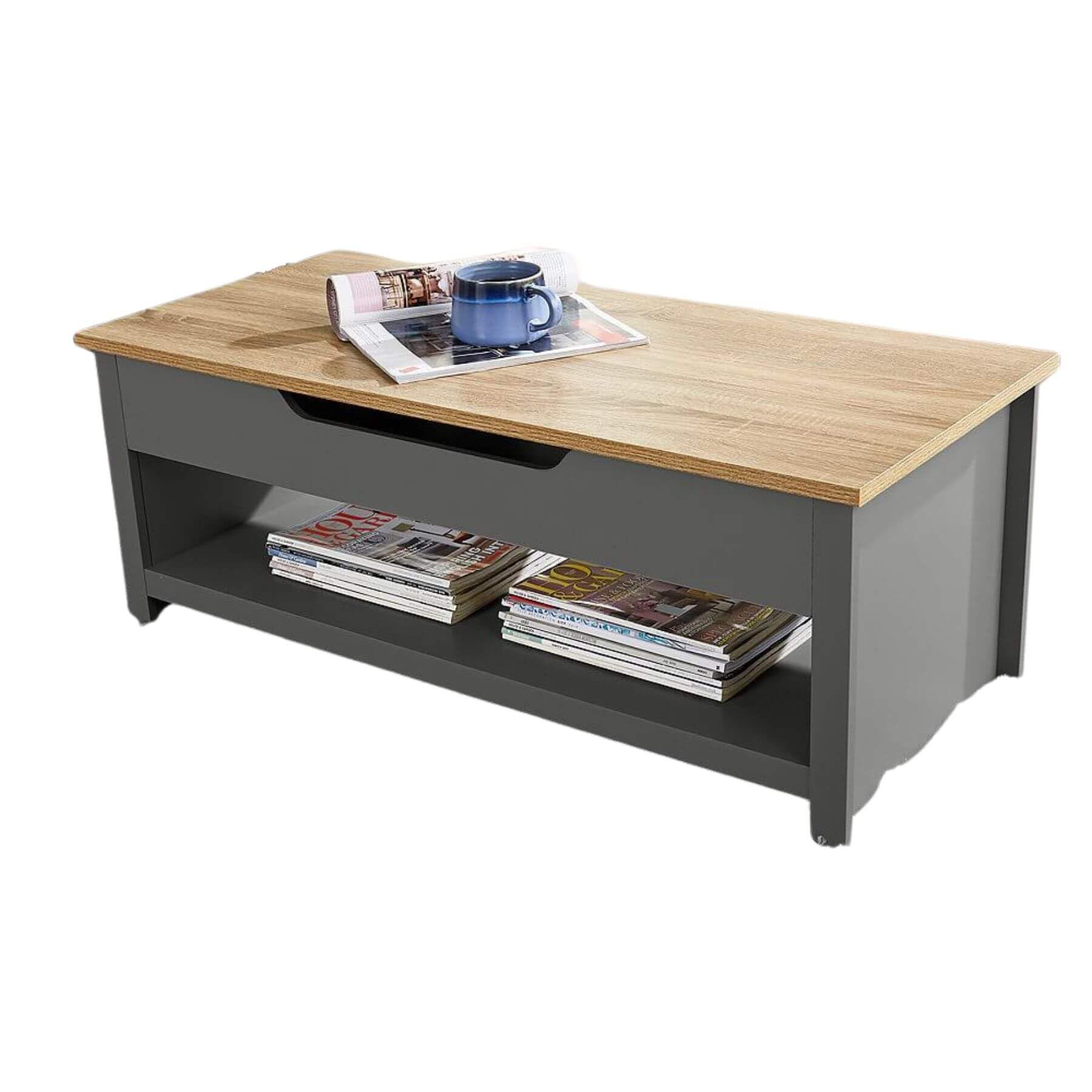 Home SourceLift Up Coffee Occasional Table, Storage Shelf, Oak Effect, Dark Grey