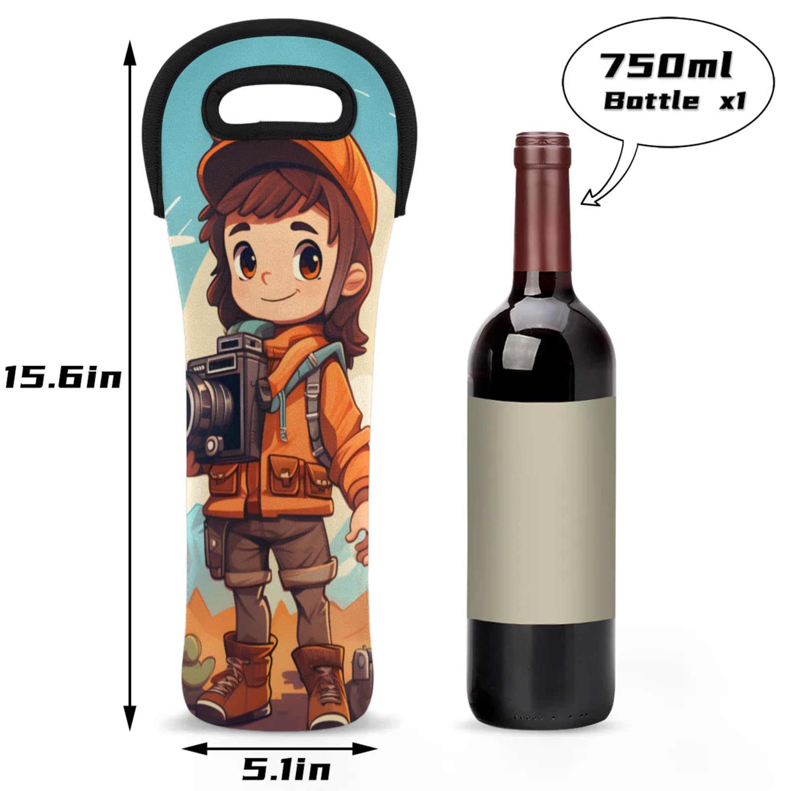 Neoprene Wine Tote Carrier Bag for Wine,Water, Champagne, Beer, Baby Bottles 15.6 x 5.1 Inches, Protective Wine Bag,Boy with Camera