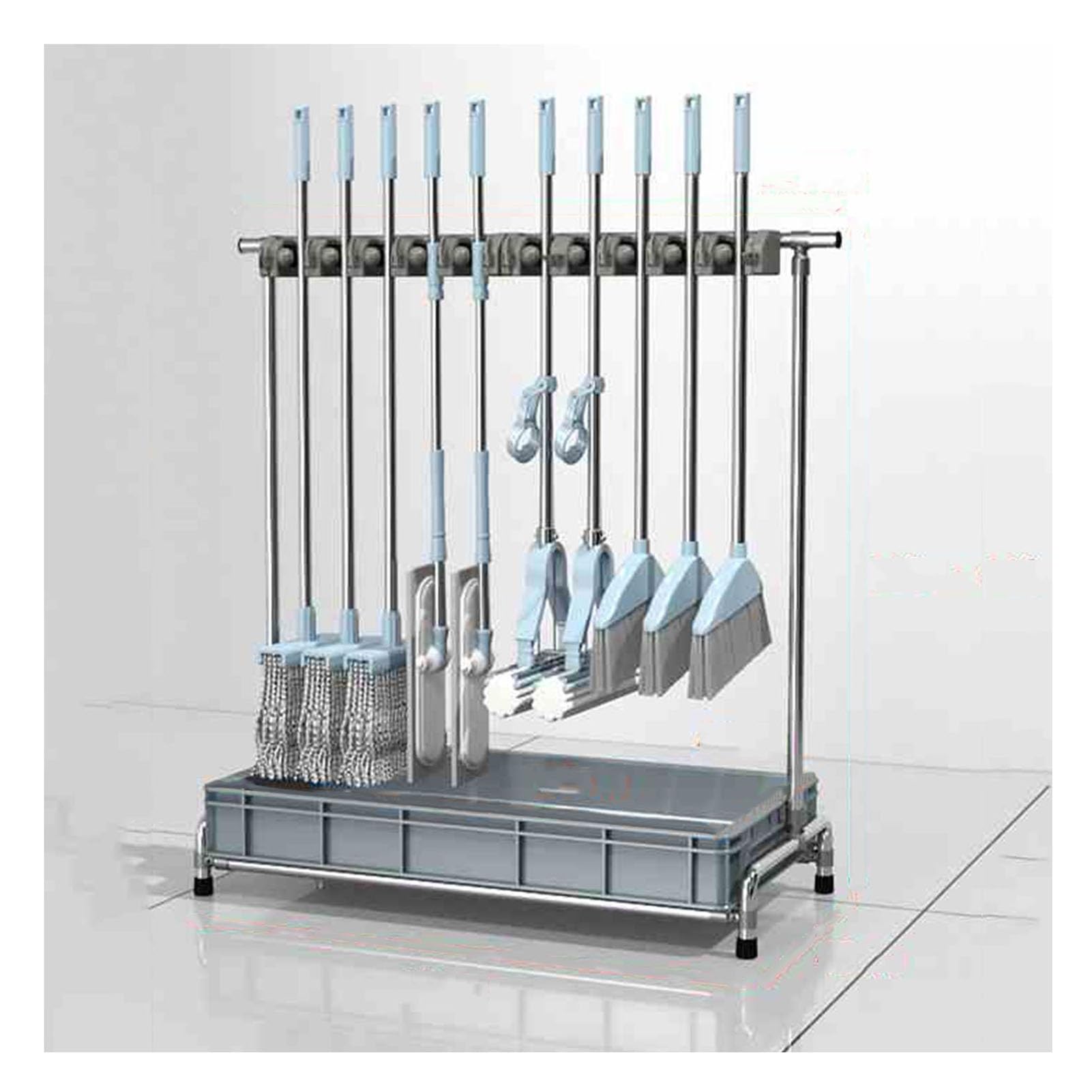 ASerZenith Stainless Steel Mop And Broom Rack With Water Basin - Organizer Storage Tool For Yard And Home Cleanliness(12 Hooks-100X110X42Cm)