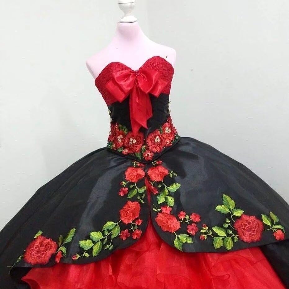 Pearls Black and Red Floral Applique Pleated Quinceanera Dresses Charro Ball Gowns Masquerade 20253