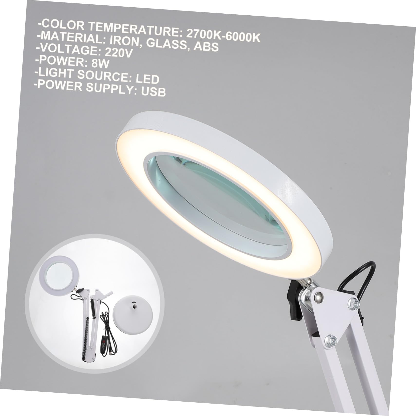 Gatuida Lámpara de Aumento LED Lupa 5x, Brazo Ajustable 3 Articulaciones, Luz Fría USB y Soporte para Escritorio, Fácil de Transportar y Usar
