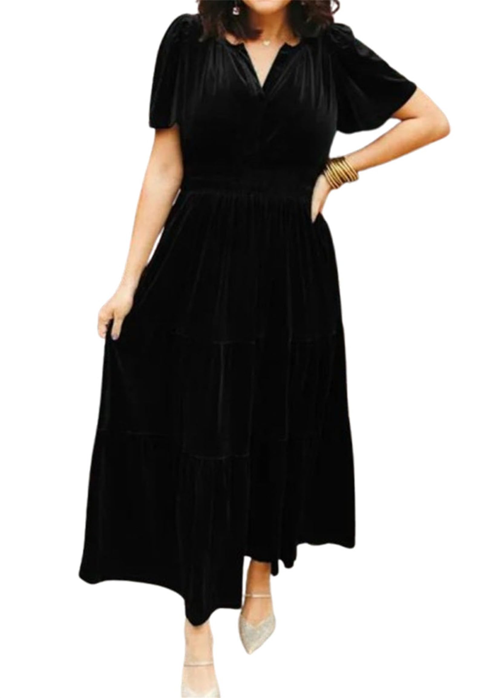 Generic Women's Black Velvet Tiered Maxi Dress, V-Neck Elastic Waist Tiered  Ruffle A-Line Flowy Dress, Size S : Amazon.co.uk: Fashion