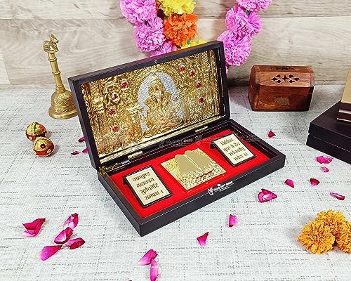 Image of GoldGiftIdeas 24K Gold Plated Shree Ganesha Photo Frame with Charan Paduka Box for Pooja Room (Dagadu Seth), Return Gifts for Diwali, Ganpati Wooden Momento Gift, Good Luck Gift
