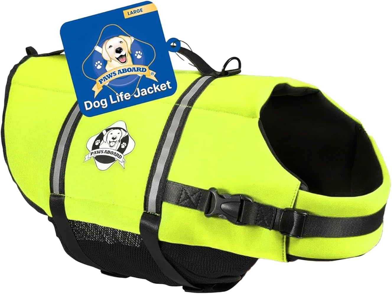 Paws Aboard Dog Life Jacket - Swimming Vest for Dogs, Adjustable, Reflective, Comfortable, Multiple Colors, Patterns, XX-Small to Extra Large Dog Swim Vest with Handle (Neon Yellow, Large)