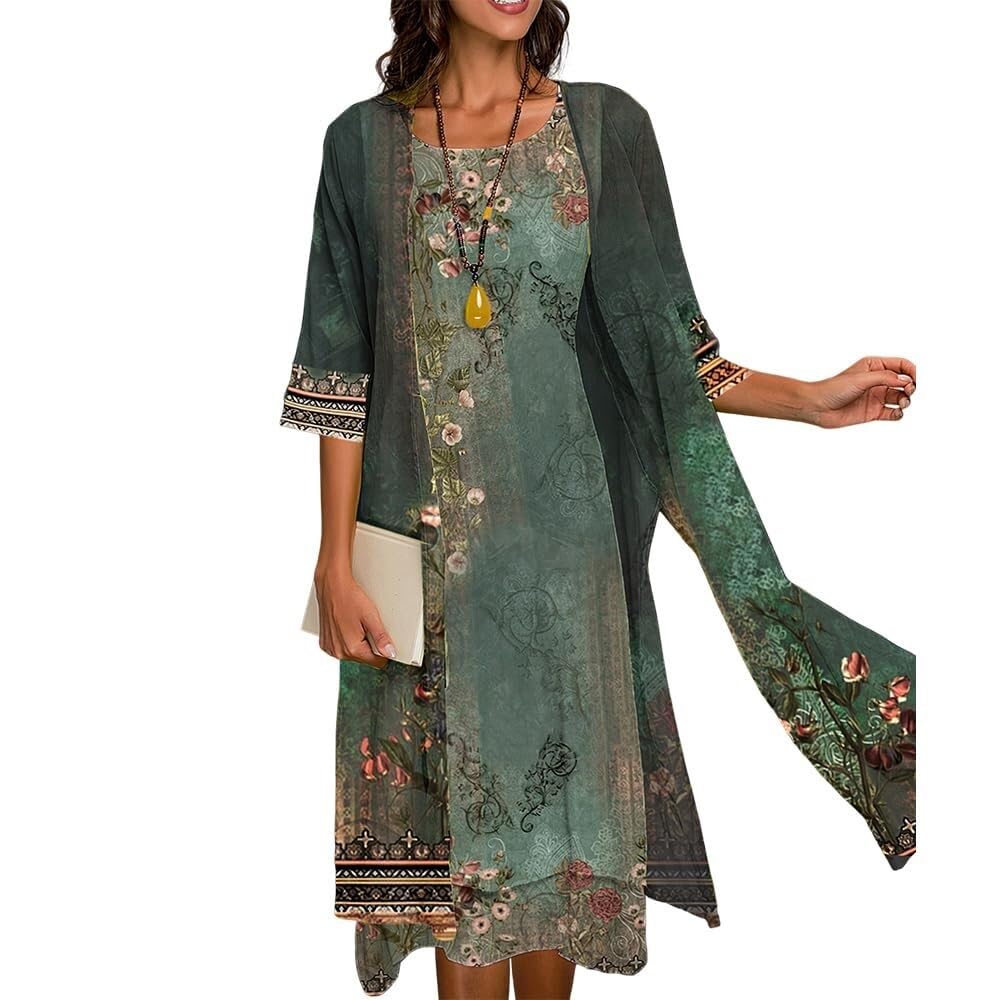 SOMOU Two-Piece Set Maxi Dress for Womens Flowy Chiffon Cardigan Wedding Guest Floral Print Midi Dresses with Lace Jacket, 3X-Large, Boho*army Green