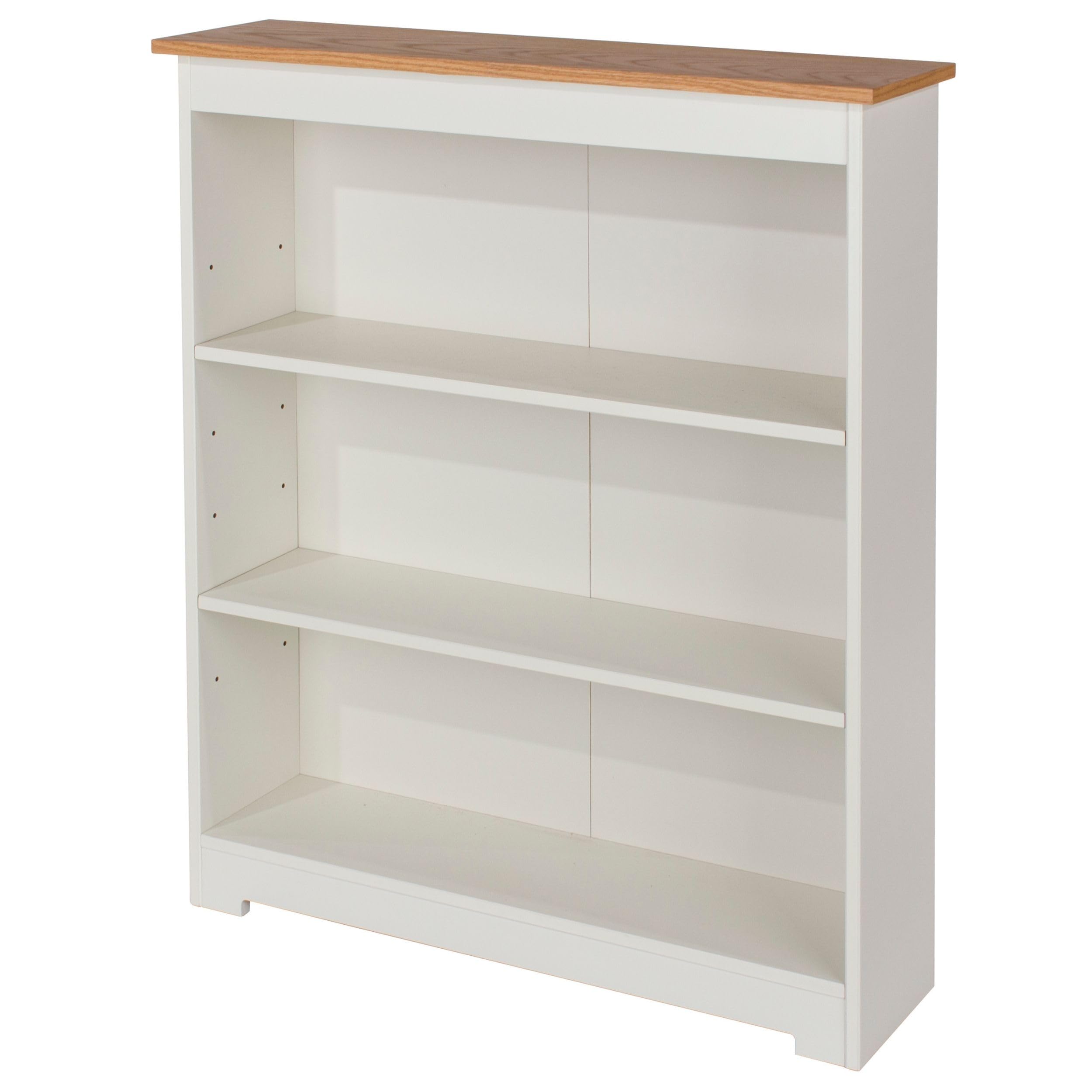 Core Products Colorado Low Wide Bookcase, 3-Shelf Adjustable Storage Unit, Soft White Painted Finish, Rustic Scandinavian Oak Woodgrain Top, Bedroom & Living Room Furniture