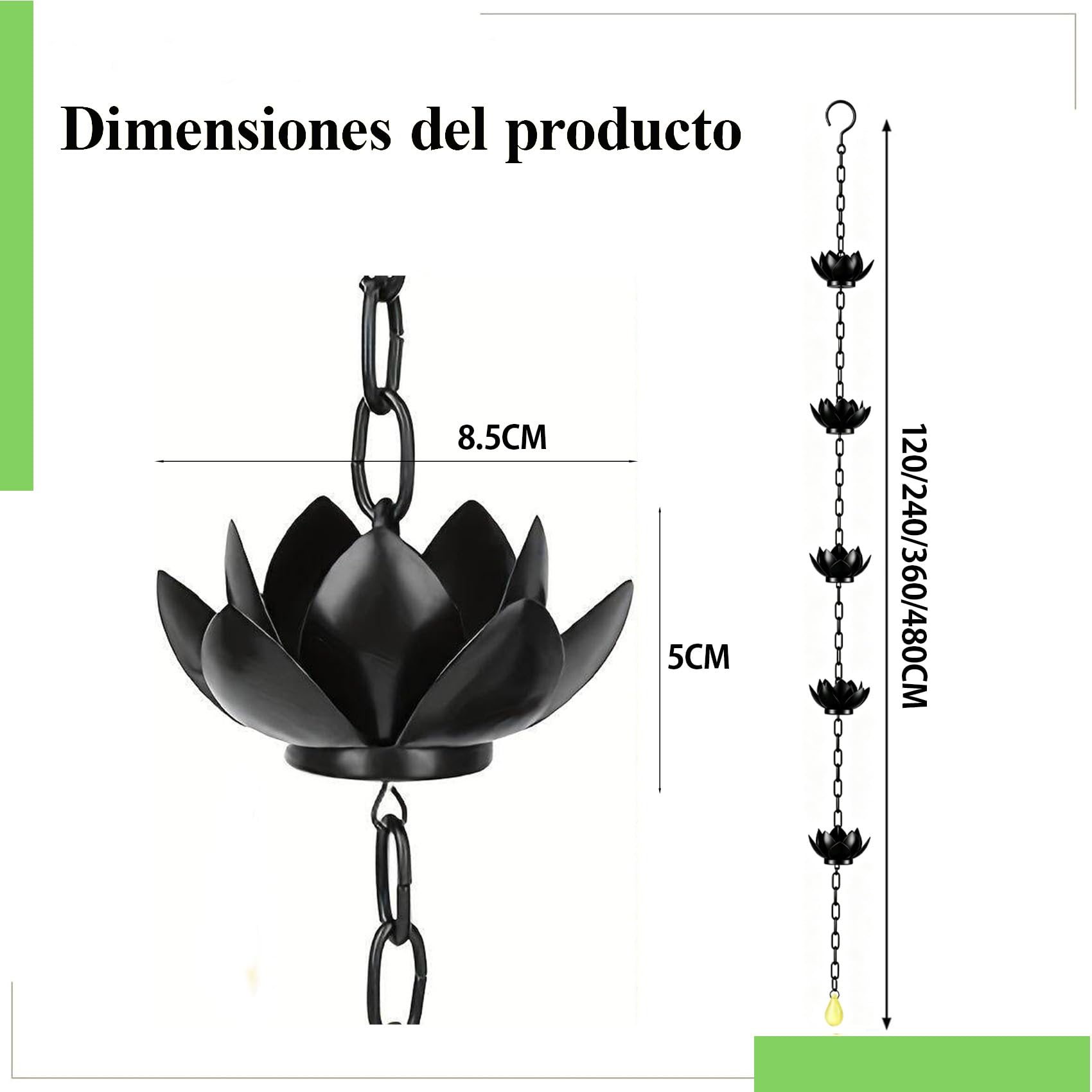 Cadena de Lluvia de Loto Robusta, Protege contra Salpicaduras y Erosión, Material Anticorrosivo, Montaje Rápido, Accesorio Práctico y Decorativo para Canalones de Viviendas