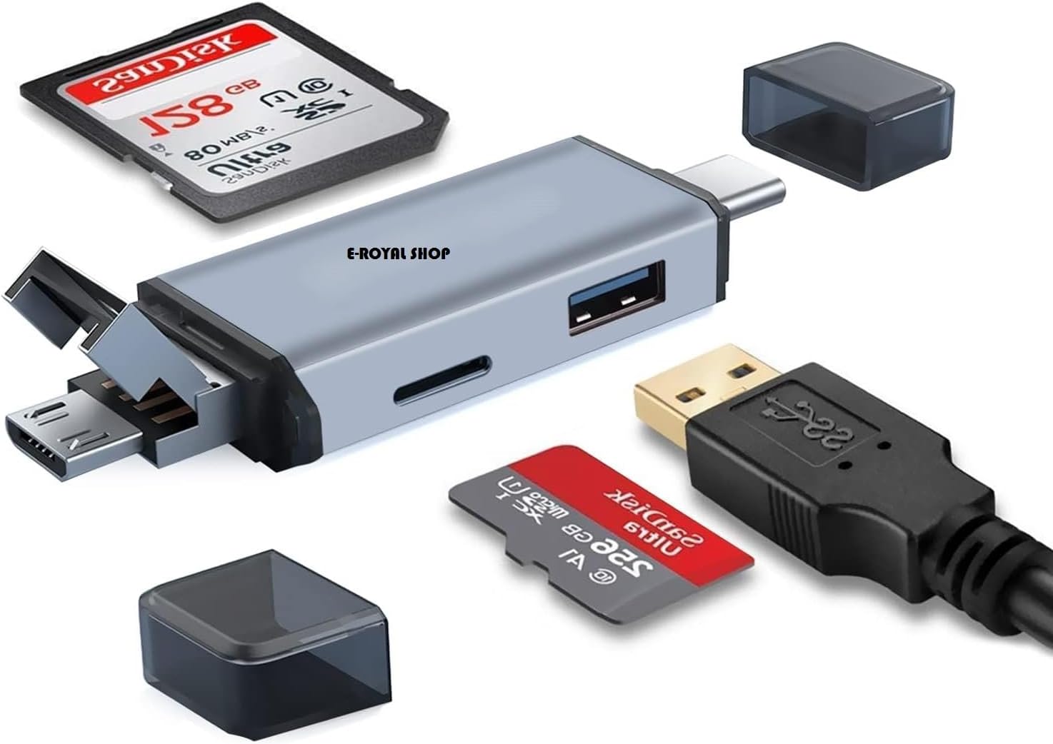 E Royal Shop® USB 3.0 All in one with OTG, SD Card Reader, Type C, Micro USB for Memory Card, Portable Reader, Compatible with TF, SD, Micro SD, SDHC, SDXC, MMC, RS-MMC, Micro SDXC - 1 Year Warranty