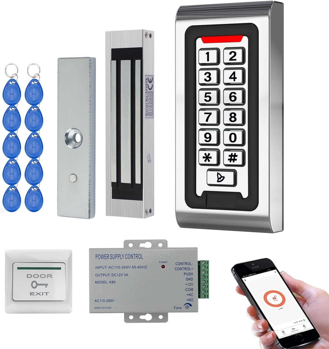 TUYA WLAN Zutrittskontrollsystem Set mit Codeschloss & RFID – IP68 Metall-Tastatur, 125kHz, App-Steuerung, DC12V/3A Netzteil, 180KG Magnetschloss NC, Exit-Taste, 10 RFID Tag für Haus, Büro, Garage