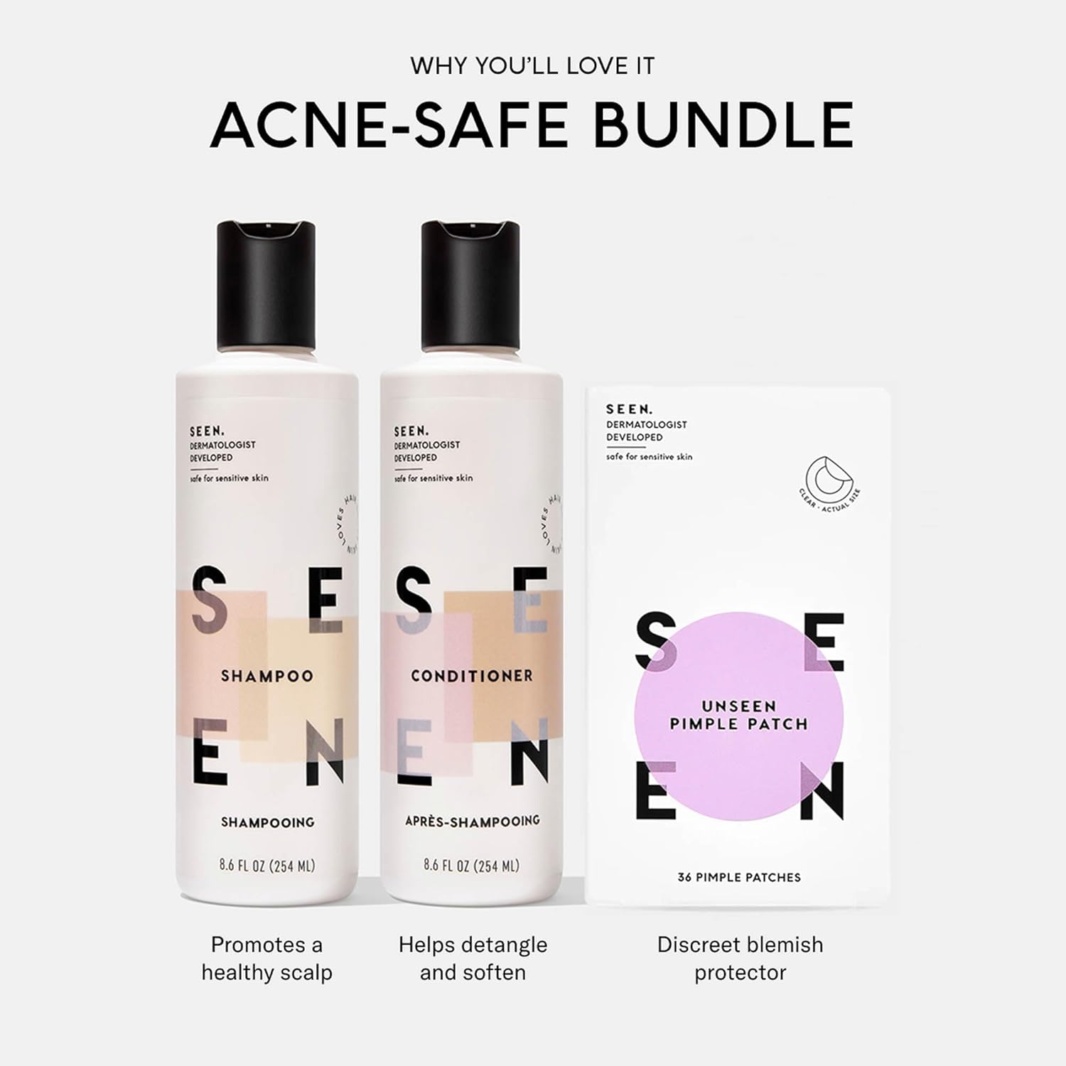 SEEN Acne-Safe Bundle - Scented - Shampoo, Conditioner & Pimple Patches – Non-Comedogenic, Dermatologist-Developed, Safe for Sensitive, Eczema & Acne-Prone Skin