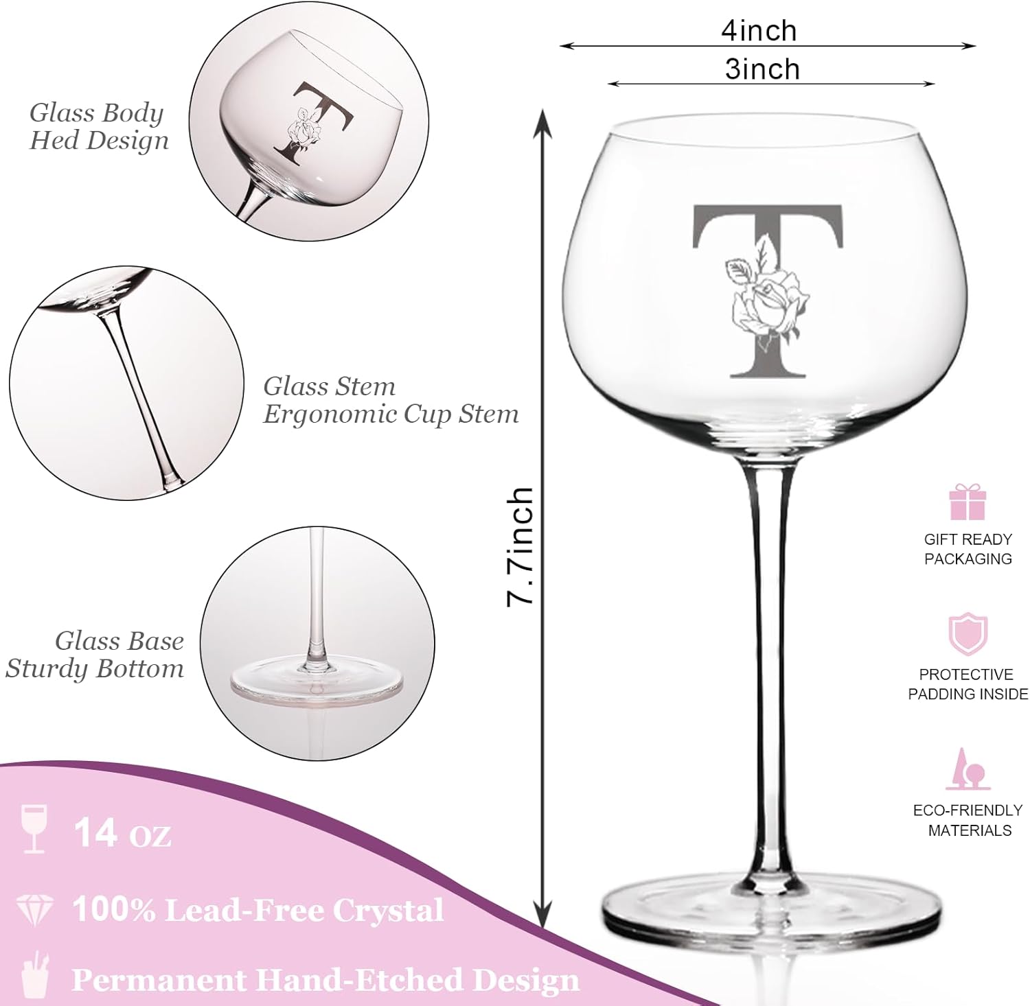 Personalized Wine Glass Gifts for Women,Customized Monogrammed A-Z Christmas Gift,Valentines Day,Birthday Gifts for Women,Unique Wine Gifts for Her,Mom,Wife,Best Friend,Sister (Letter T) - Image 3