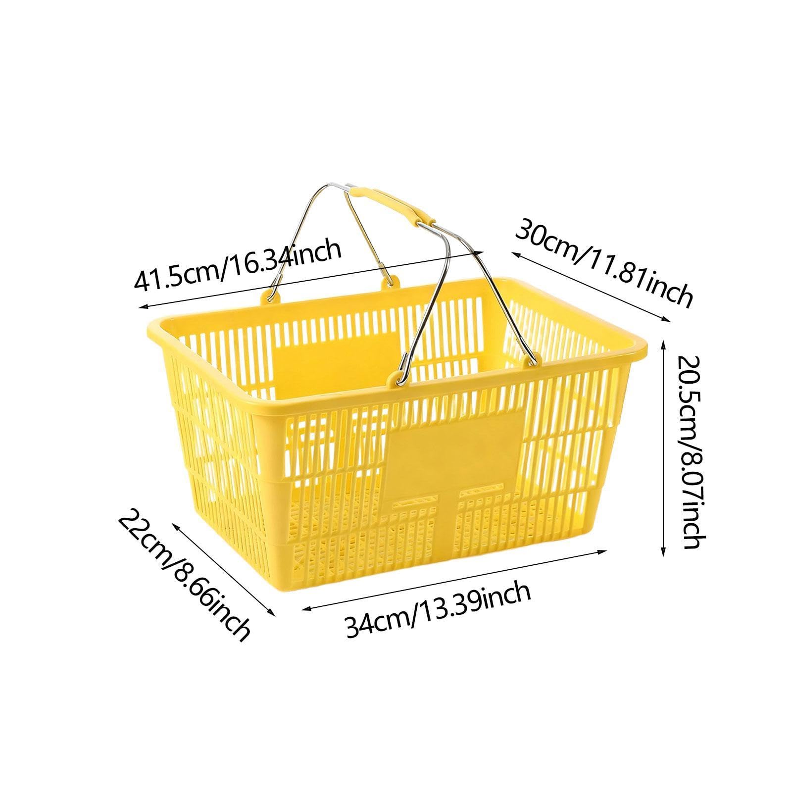 Panier de Courses avec Poignée Métal, Panier Supermarché en Plastique Renforcé, Grande Capacité, pour Commerce, Épicerie et Rangement Maison, Rectangulaire, 42x30 cm, Jaune