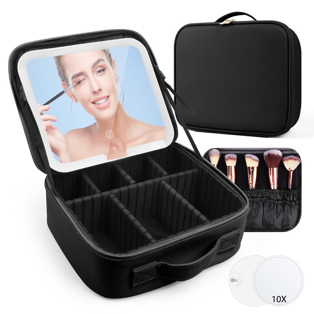 OSDUE Estuches de Maquillaje con Espejo Iluminado, PU Impermeable Maquillaje, Recargable Espejo LED (3 Colores y Regulación Continua) Profesional Neceseres de Viaje, EVA Compartimentos Ajustables Nero