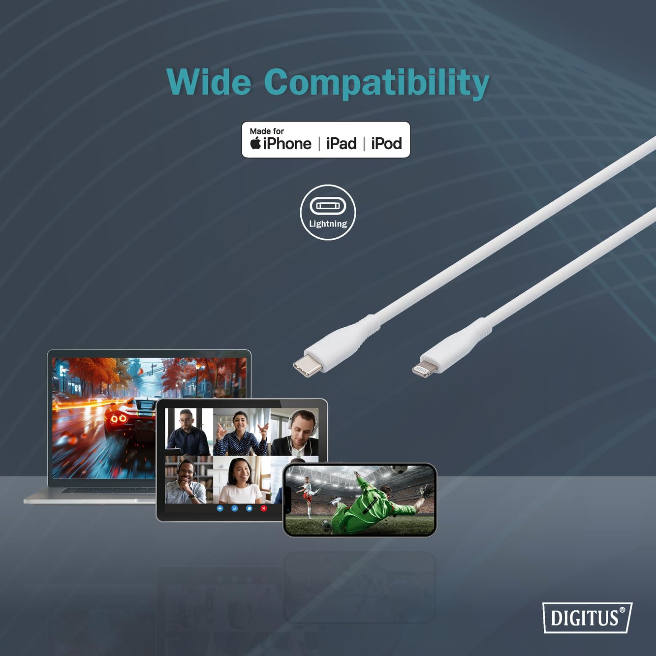 DIGITUS Kabel do ładowania - USB C do Lightning - 0,5 m - Kabel USB 480 Mbit/s 60 W 3 A - Elastyczna silikonowa osłona z zabezpieczeniem przed zginaniem - Certyfikat MFI dla urządzeń Apple - Biały
