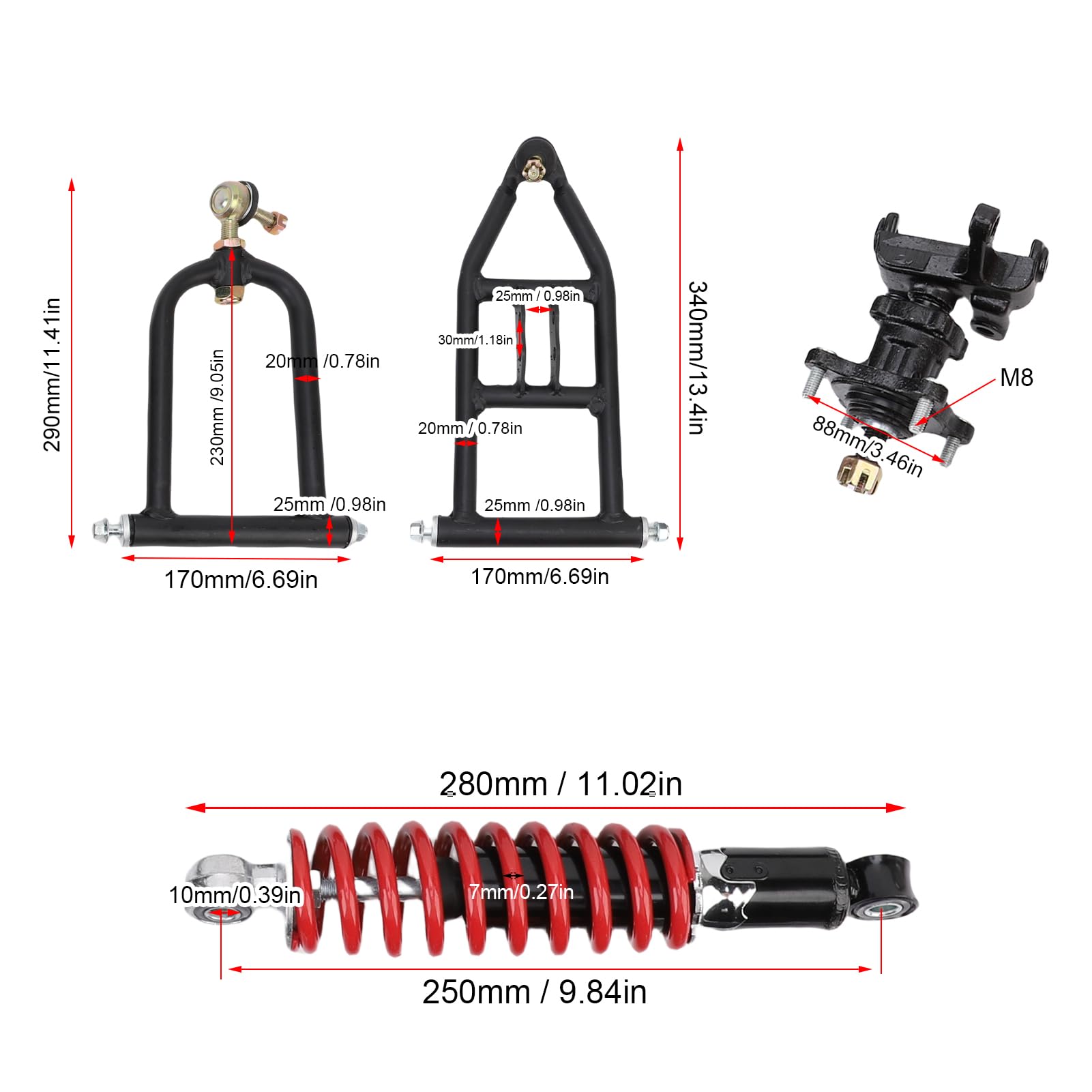 Akozon Kit de Brazo Oscilante de Suspensión Delantera, Experiencia de Conducción Segura y Estable, Go Kart Eléctrico, ATV, Quad Bike, Metal y Goma