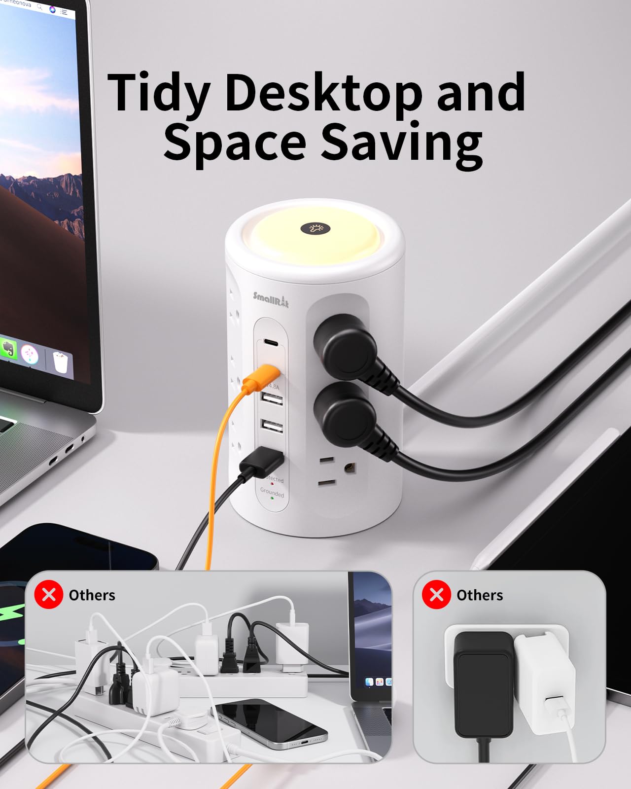 Tour multiprise avec 5 ports USB et veilleuse, rallonge de 3 m avec 12 prises CA différentes (blanc)