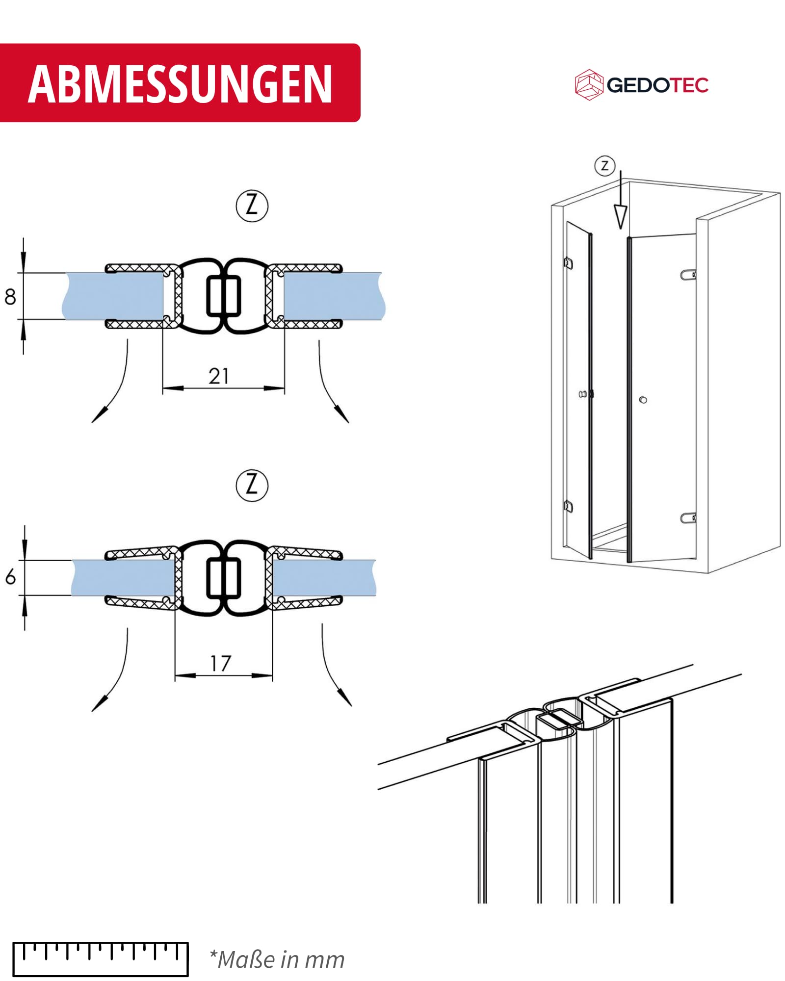 Gedotec Junta magnética de labio de ducha impermeable para puertas de ducha – 1 par de juntas magnéticas 180° sin tope – Junta magnética de ducha PVC Longitud: 2 m – Junta de ducha 6 mm – 8 mm