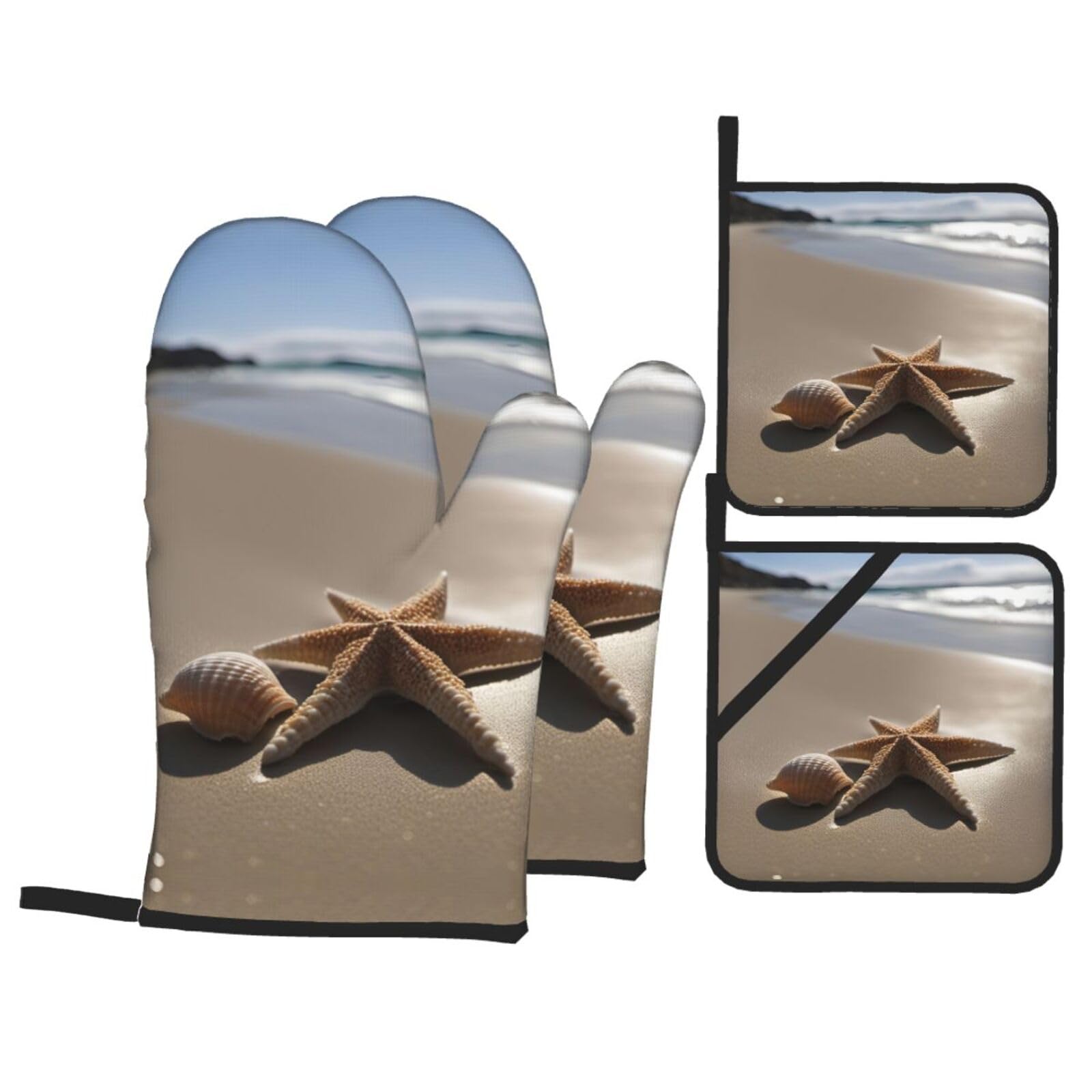 Starfish Seashell Sandy Beach Print Stylish 4-Piece Microwaving Oven Waterproof Kitchen Gloves Baking Holiday Cooking