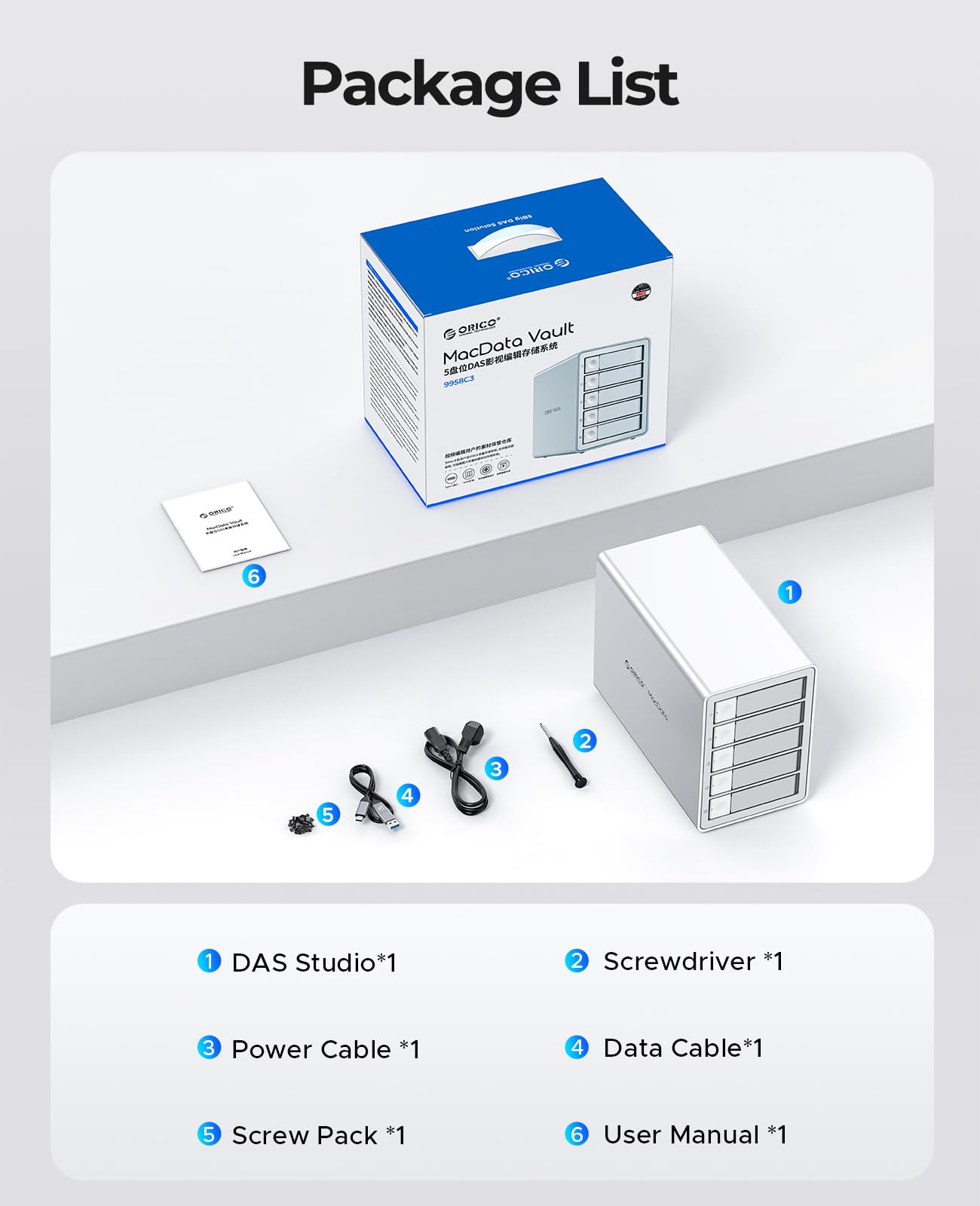 ORICO 5BIG Enclosure per disco rigido SATA HDD/SSD da 2,5/3,5 Pollici fino a 5 x 22 TB, Alluminio USB 3.1 Docking Station per Hard Disk, 10Gbps, Supporta Daisy Chain (9958C3)