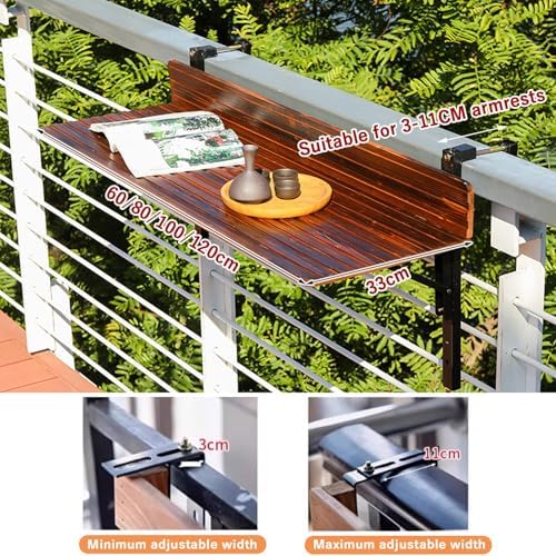 Wooden Balcony Bar Table - Folding Space-Saving Outdoor Rail Table for Garden & Terrace (60x33cm) - Stylish Hanging Design for Railings, Perfect for Small Spaces
