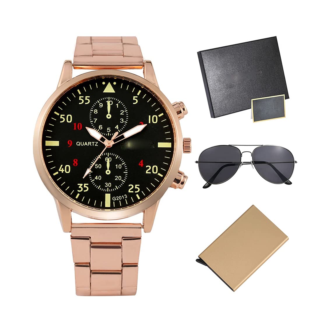 HMTE Fashion Quartz Men Watch Occhiali da Sole Porta Carte Set Regalo con Scatola Regalo Nera di Alta qualità (Color : A) (A)