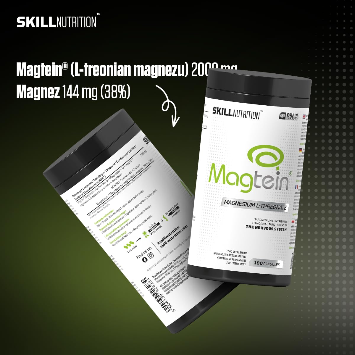 SKILL Nutrition Magtein® Magnez L-Treonian | 180 kapsułek | Klinicznie przebadana, wysoko biodostępna formuła | Wspiera koncentrację, pamięć i funkcje poznawcze | Mięśnie i elektrolity | Wegański