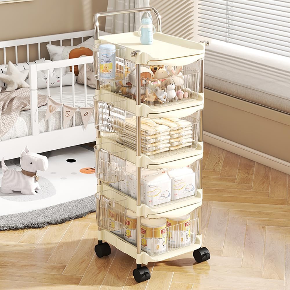 Baby Diaper Caddy Cart Organizer - Plastic Movable Cart Drawers with Hanging Basket, Rolling Utility Diaper Storage Caddy Organizer for Changing Table & Crib, Nursery, Bedroom (4 Tier)