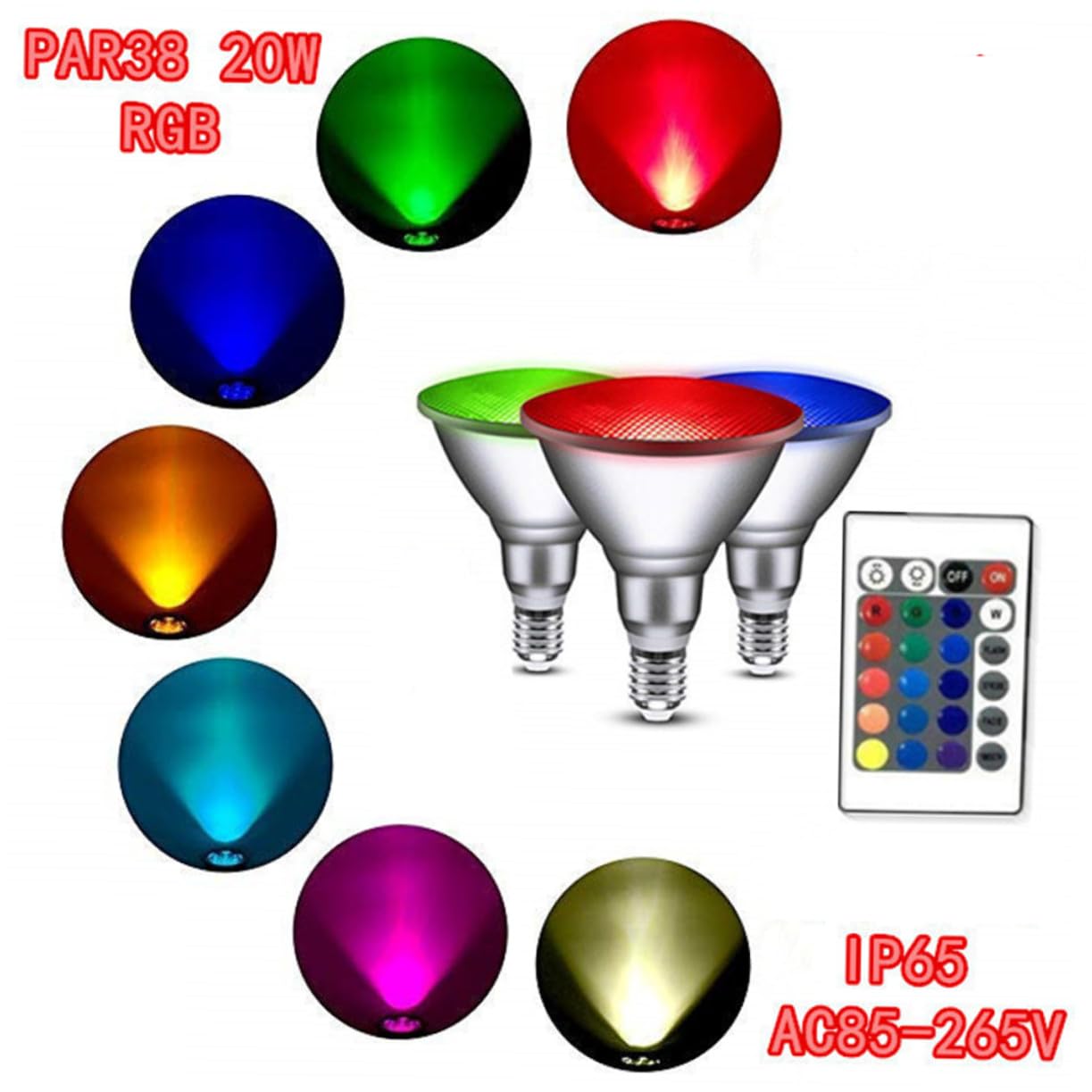 Artibetter Bombilla de Foco LED PAR38 Rgb 20W 2200LM 50. 000 H, Aluminio | Bombilla con Mando Distancia, Ángulo de Haz 180°, Brillo Regulable, para Exposiciones y Museos