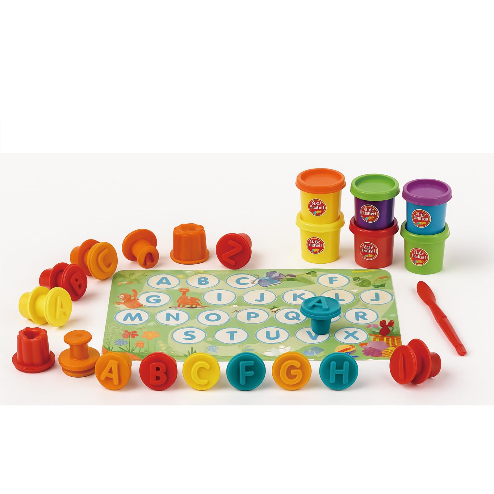 Alphabet Stamp Play Color Dough Kit for Kids | Educational Arts & Crafts Set with 26 Letter Stamps, 6 Colour Dough Pots, Tools & Mat | Preschool Montessori Learning Toy Age 3+