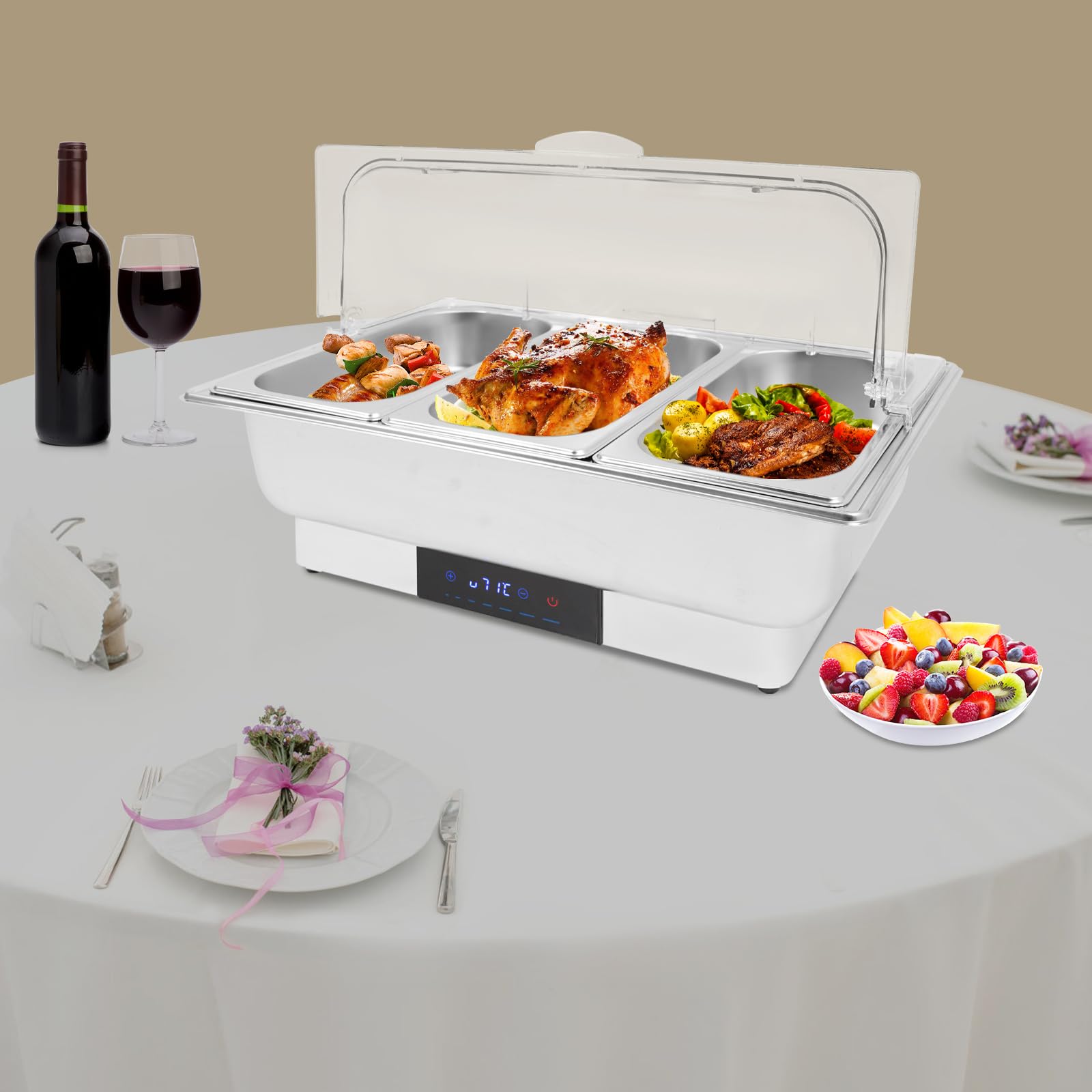 Chafing Dish - Scaldalibi elettrico, 9 l, 600 W, in acciaio inox, per buffet, con controllo della temperatura, trasparente, per buffet catering party (3 scomparti)