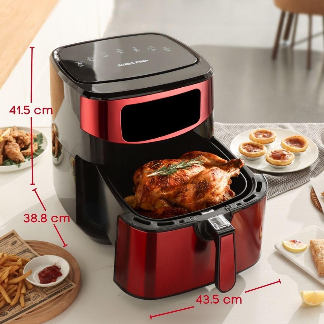 Swiss Pro+ Digital Air Fryer with a whole roasted chicken in its removable, easy-to-clean basket.
