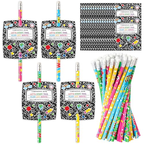 Xqumoi 60 Pack Back to School Pencils Gift Set with Composition book Card - First Day of School Pencils with Welcome Cards in Bulk Party Favors Classroom Student Rewards Bag Fillers (Black)