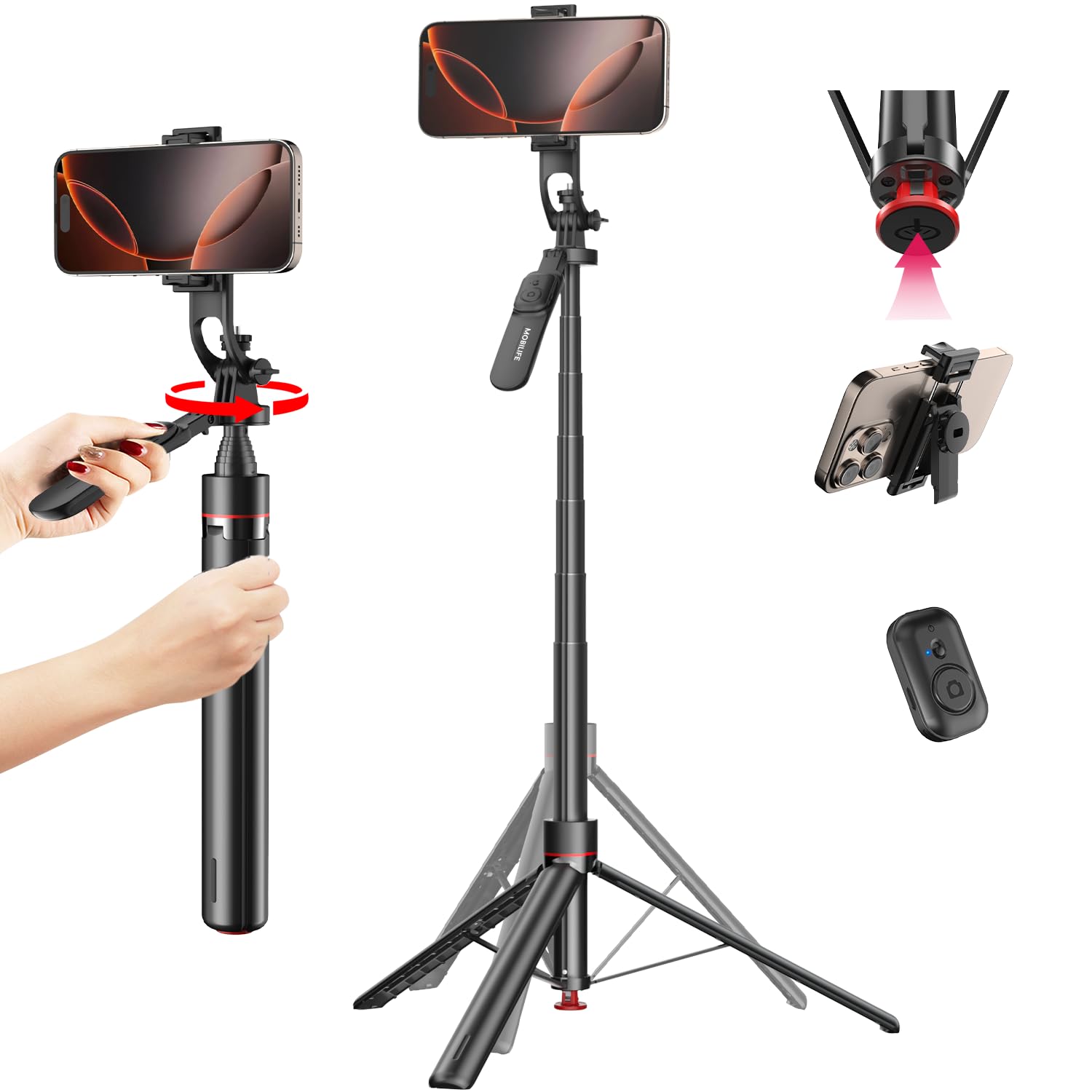 Mobilife 70 Inch Selfie Stick Auto Open Tripod 360° Rotating Handle Bluetooth Mobile Tripod Stand with 1/4" Screw Long Extendable Aluminum Phone Camera Tripod for Vlogging Selfie YouTube, Black-picture-20