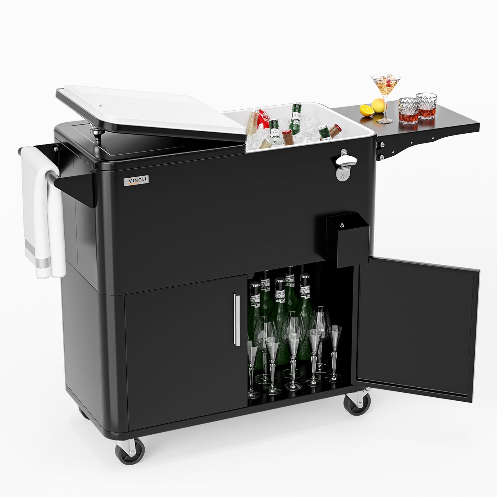 Bonnlo Carrito Nevera con Ruedas 76 L, Enfriador de Bebidas con Mesa Lateral y Abrebotellas, Nevera Exterior para Patio, Jardín, Camping y Playa, Negro