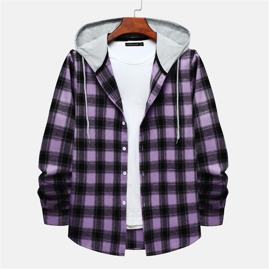 Amazon.com: Purple Plaid Checked Hooded Shirt Men Long Sleeve
