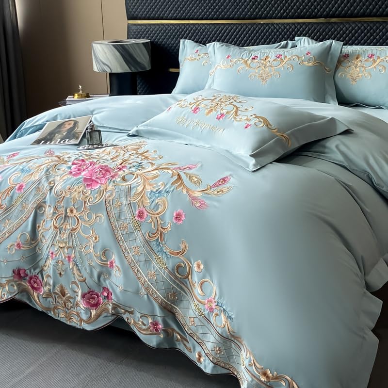 Image of JJ's Imported Skin Friendly Pure Washed Cotton Heavy & Beautifully Embroidered Wedding Style 5 Pcs King Size Double Bed Luxury Bridal Bedding Set with Heavy Comforter /Quilt (Sky Blue 22)
