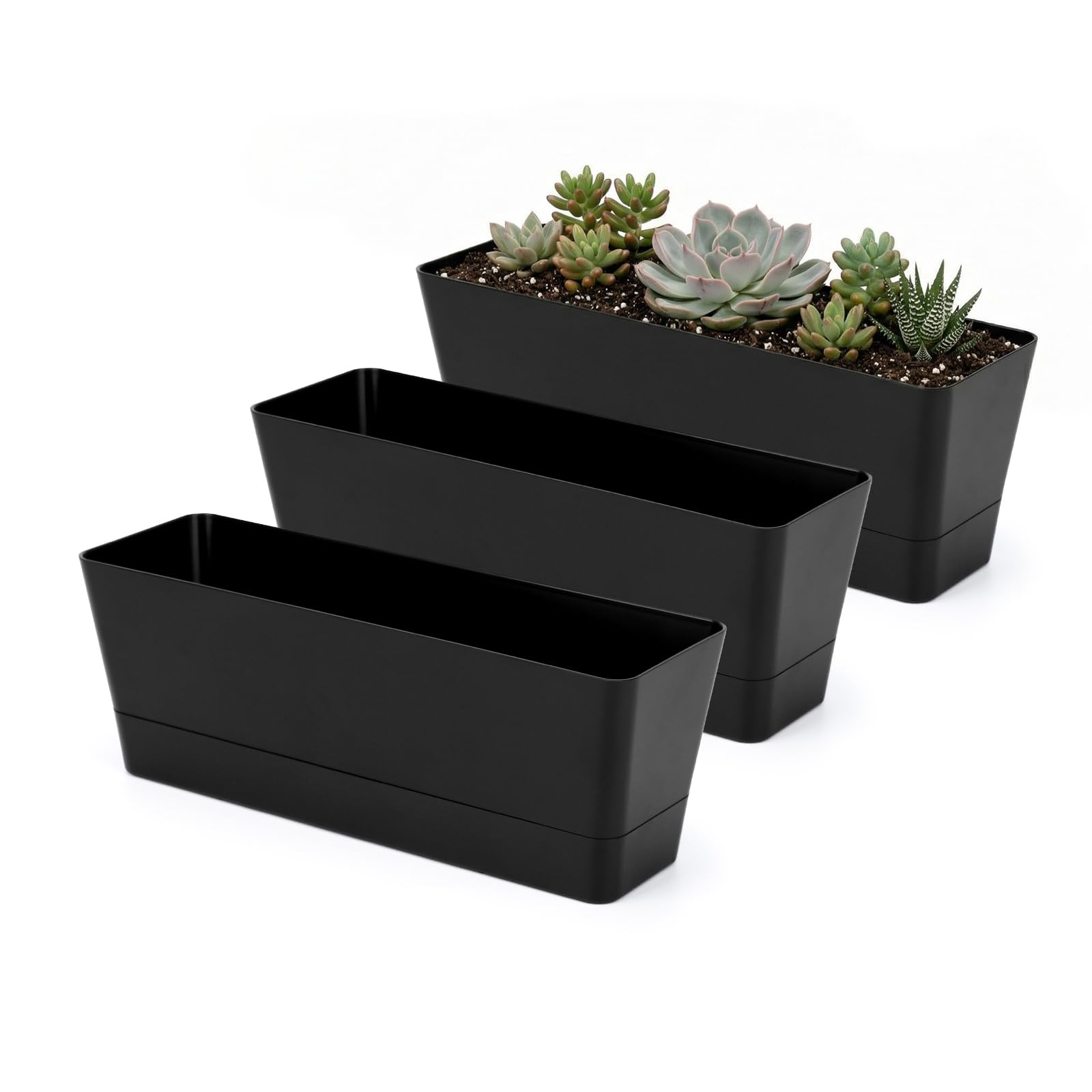GREANER Black Rectangle Window Boxes, 3 Pack 12x3.8 Inch Herb Planters with Tray, Indoor Succulent Cactus Mint Plastic Pot for Windowsill, Garden Balcony, Office Outdoor Decoration