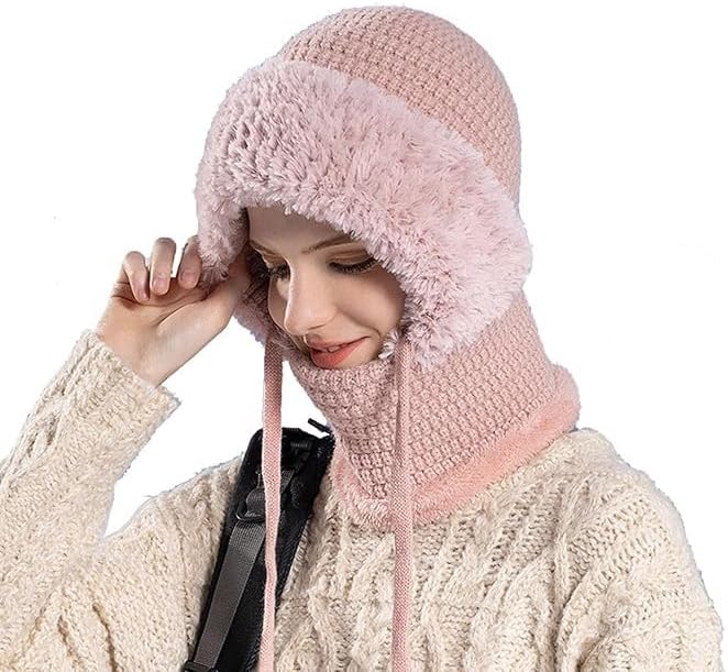 3 in 1 Beanie Hat for Women, Sherpa Hood Ski Mask, Fall Winter Warm Knitted Windpro...