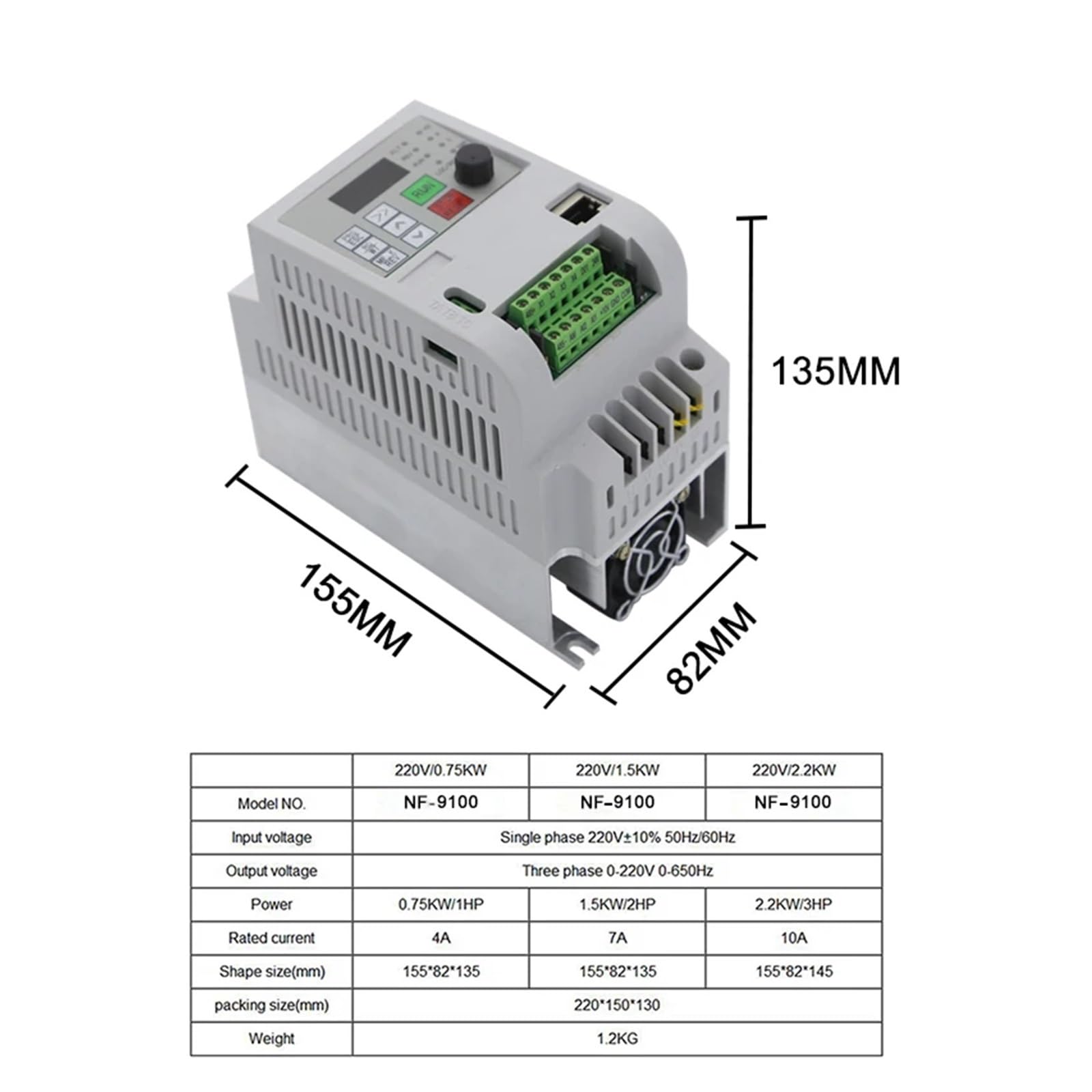 for convertisseur de fréquence d'entrée monophasé et de Sortie triphasé 220v 380v 1,5kw/2,2/4kw/variateur de Moteur à Courant Alternatif/VSD/VFD/onduleur 50HZ(Keyboard)