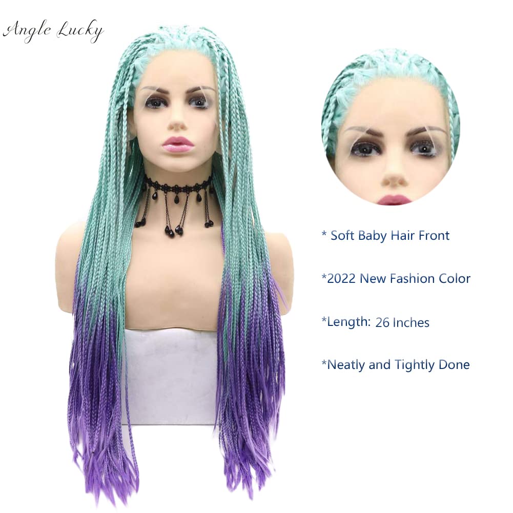 Kalisa Angel Lucky Green Purple Braids Wig Long Synthetic Mint Green Omber Purple Micro Braided Lace Front Wig Heat Resistance Fiber Afro Braids for Women 26 Inch
