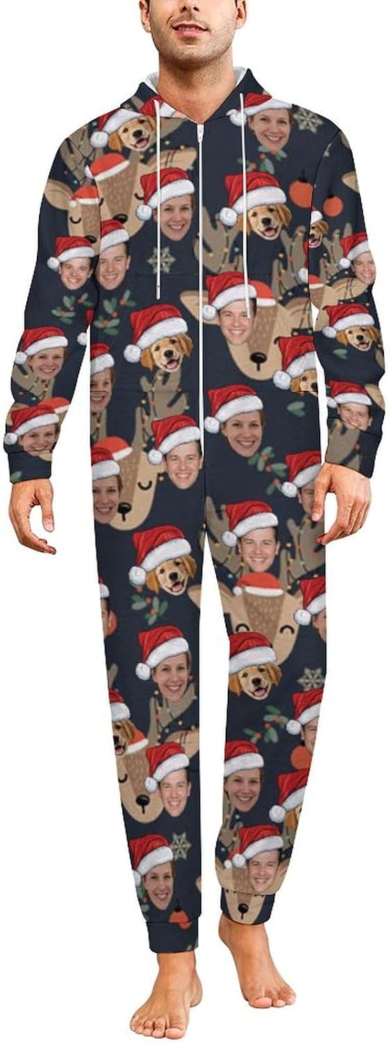 Custom Face Couple Pajama Sets, Hooded Zipper Christmas Matching Sleepwear Pjs Set for Men and Women Soft Warm Jumpsuit